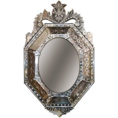 Antique Early 20th Century Venetian Etched Cushion Mirror