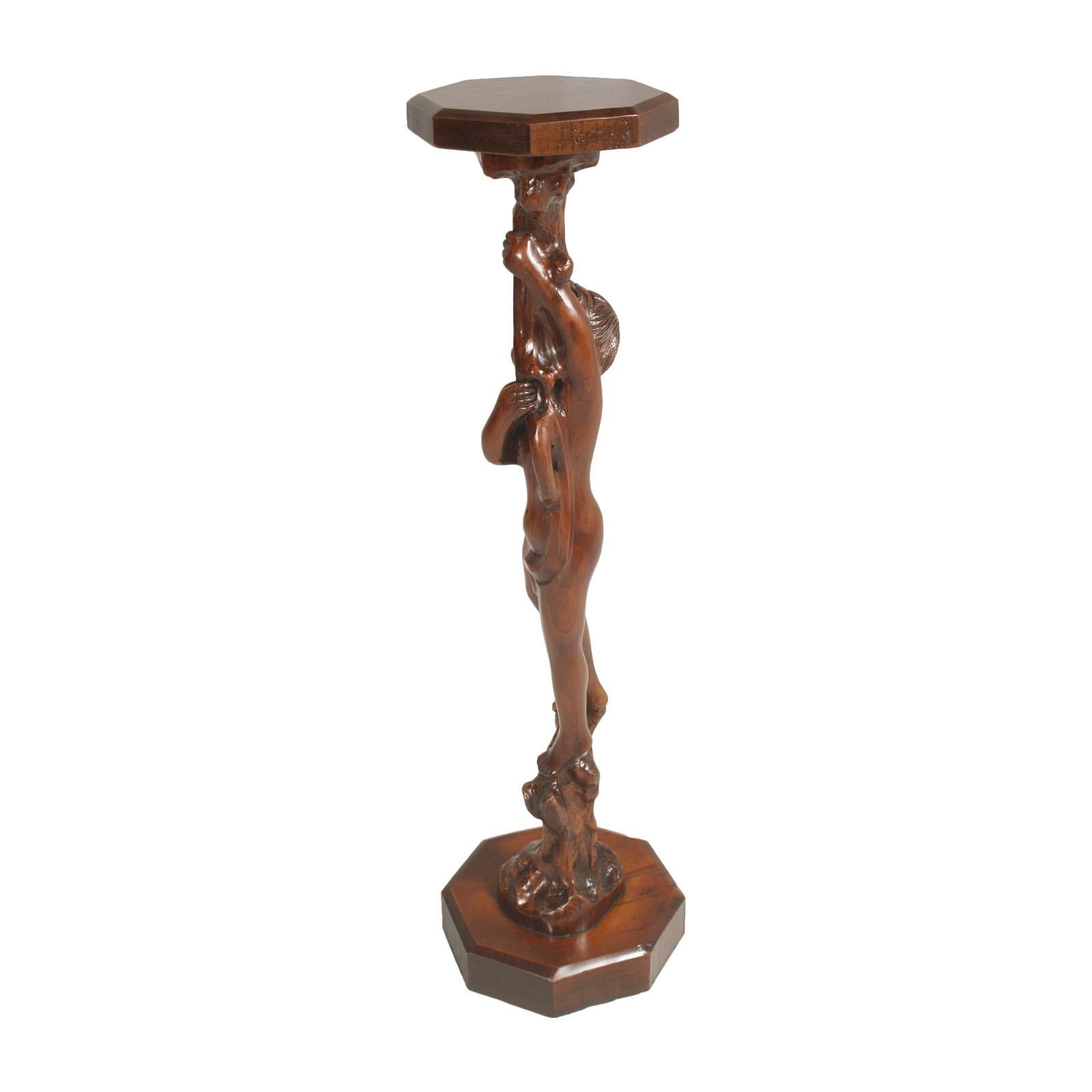 Art Nouveau Early 20th Century Venetian Hand-Carved Walnut Gueridon Sculpture Pedestal For Sale