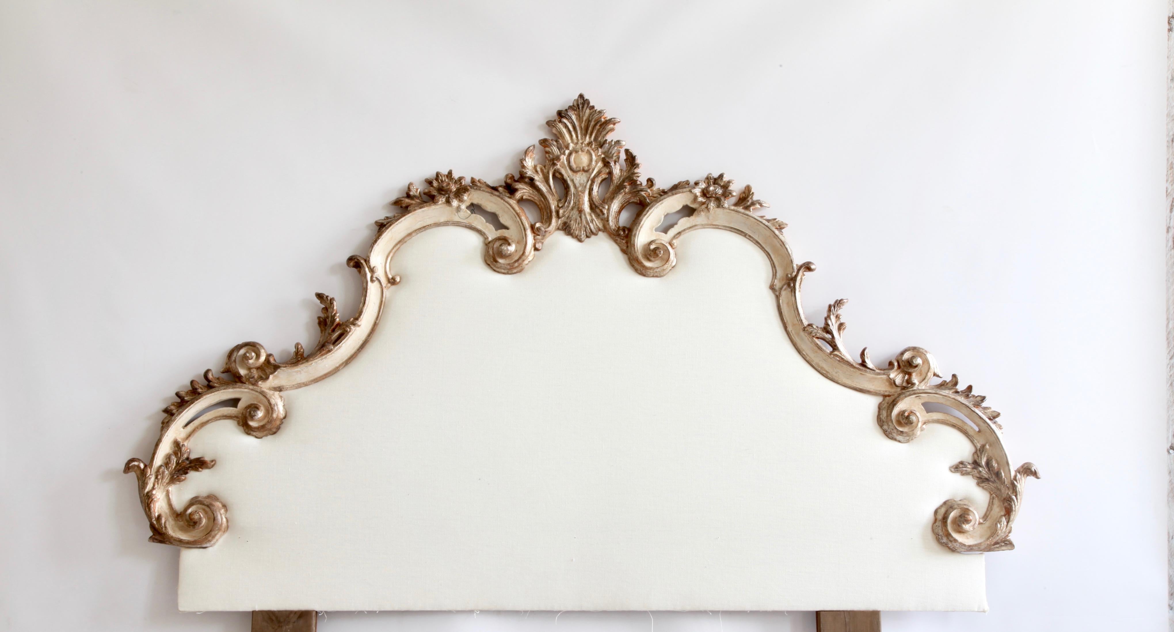Baroque Early 20th Century Venetian Headboard in Antique White with Silver Highlights