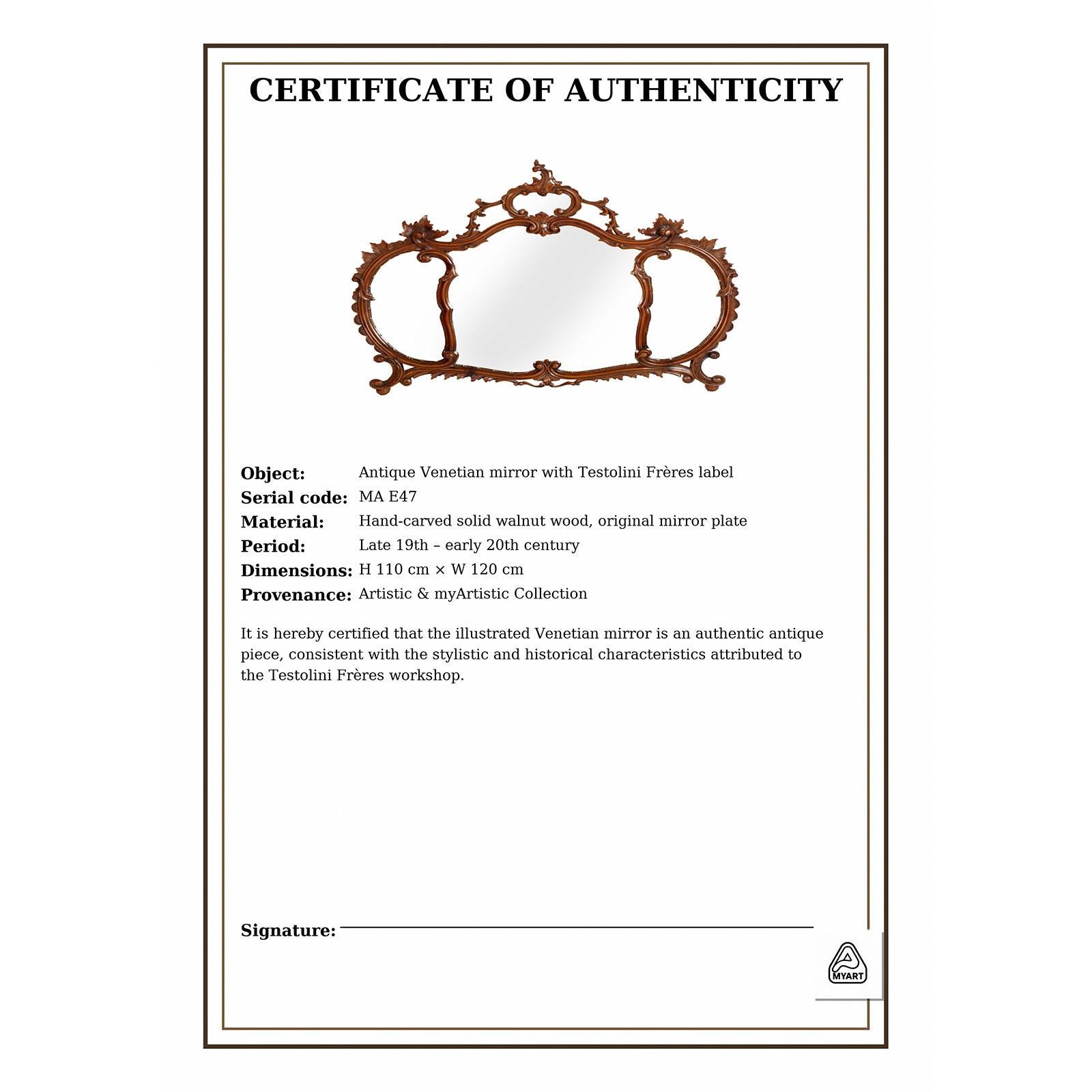 Miroir mural vénitien du début du XXe siècle, en noyer sculpté, attribué à Testolini en vente 1