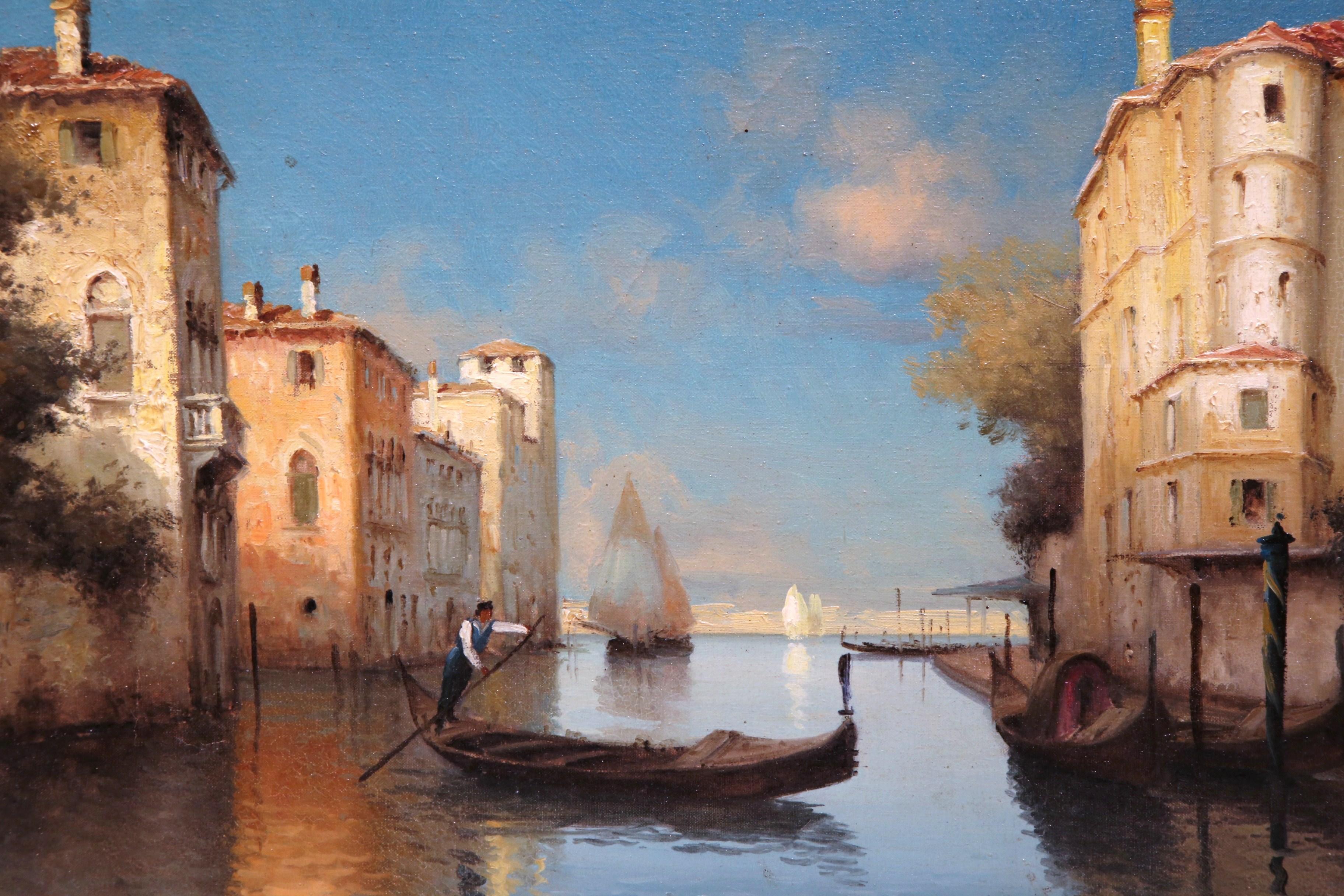 Early 20th Century Venice Oil Painting in Carved Frame Signed Alphonse Lecoz In Excellent Condition In Dallas, TX