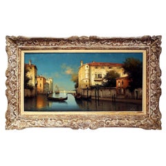 Peinture à l'huile du début du XXe siècle représentant Venise dans un cadre sculpté, signée Alphonse Lecoz