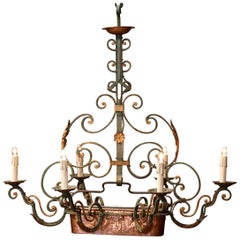 Early 20th Century Verdigris Iron Six-Light Chandelier with Copper Jardinière