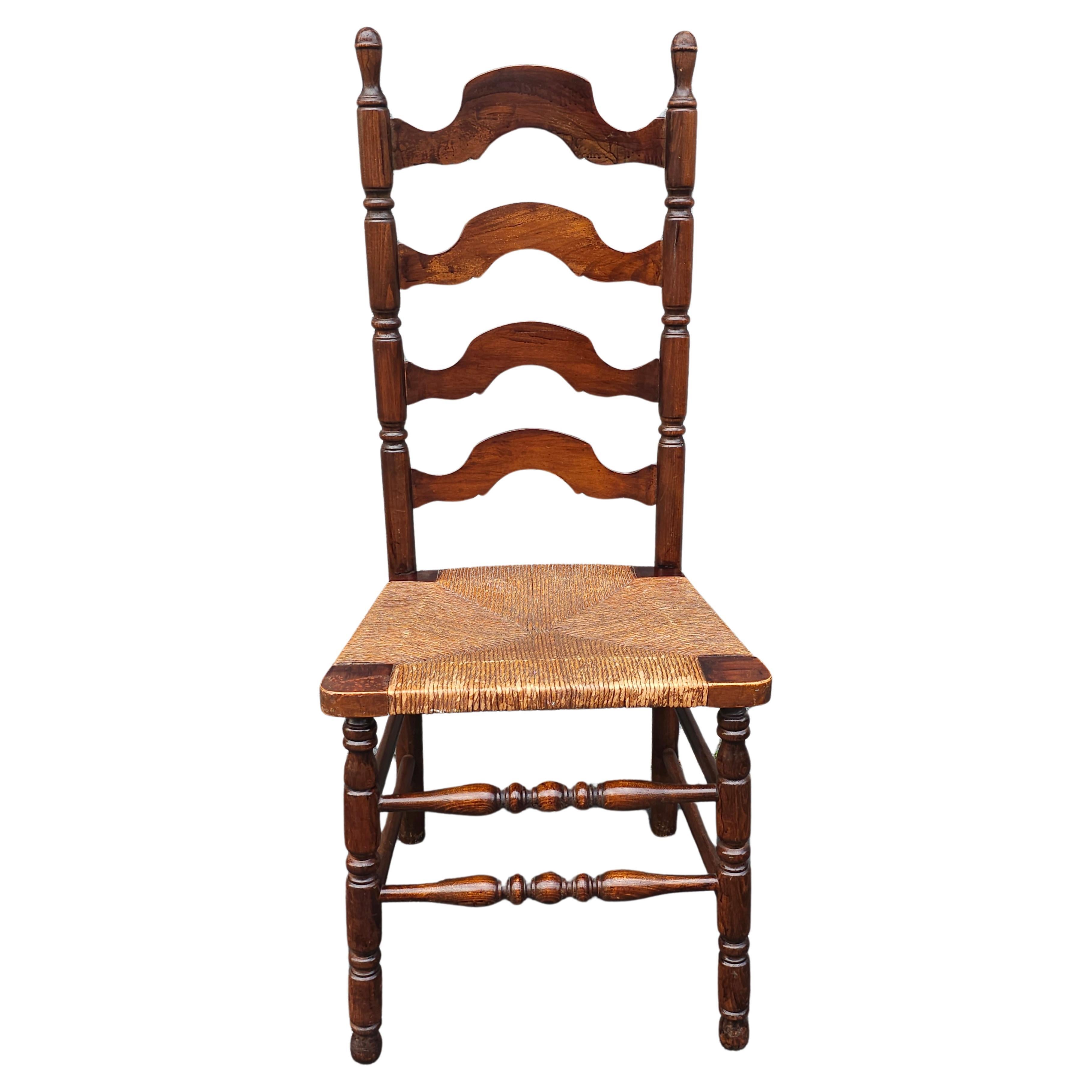 Early 20th Century Victorian Ladderback and Bobbin Walnut & Rush Seat Side Chair