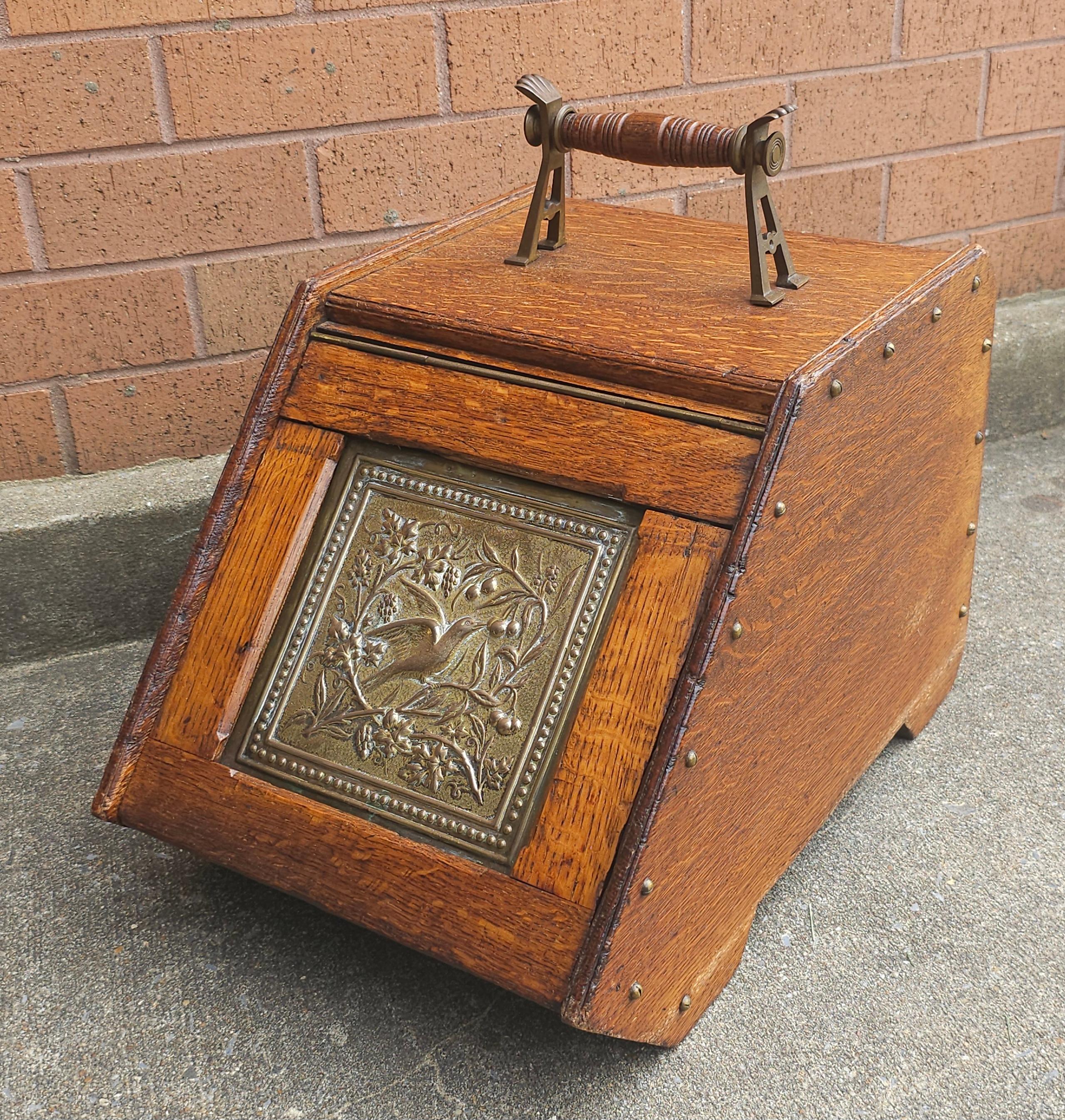 American Early 20th Century Victorian Style Oak and Brass Coal Scuttle For Sale