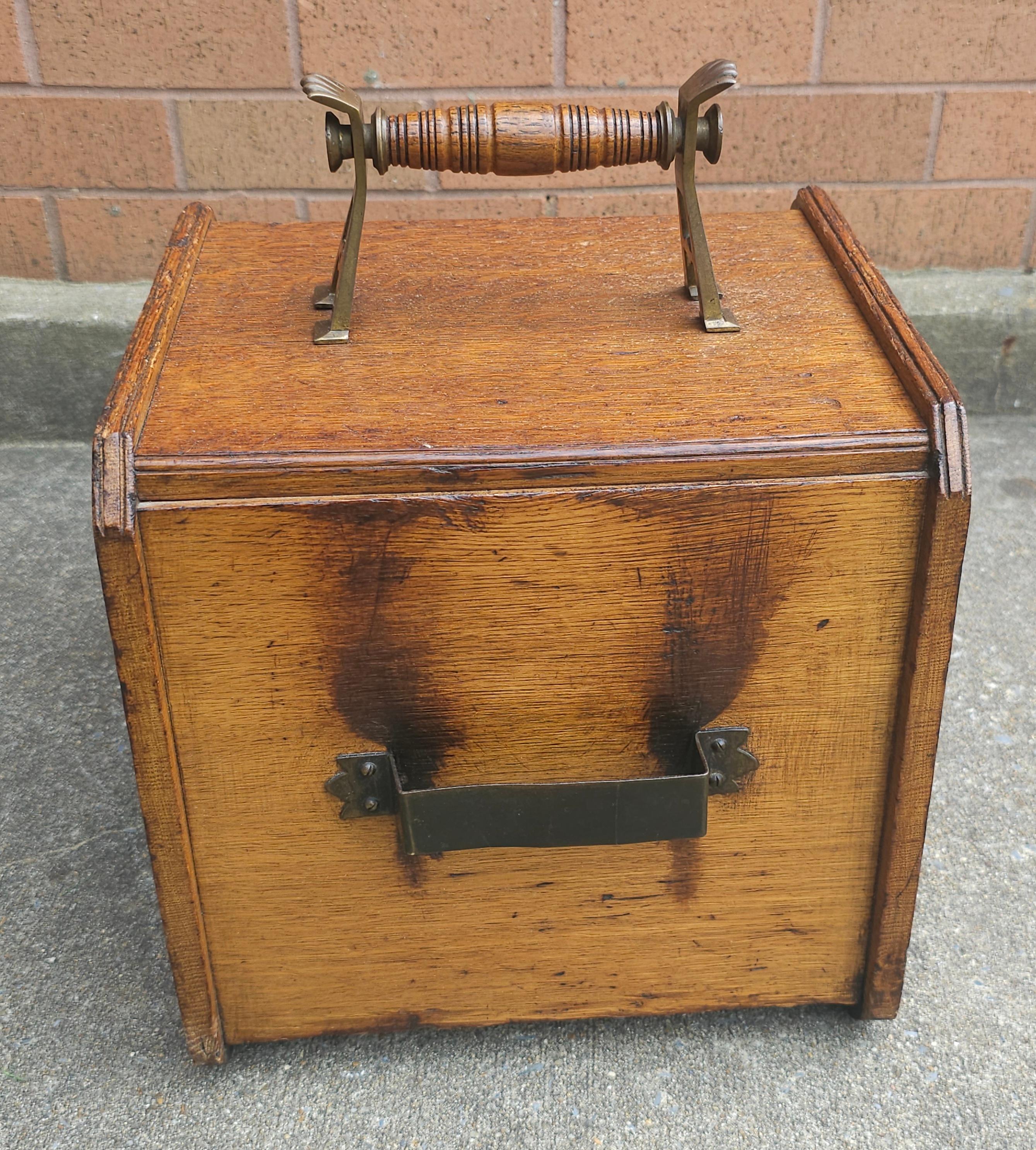 Stained Early 20th Century Victorian Style Oak and Brass Coal Scuttle For Sale