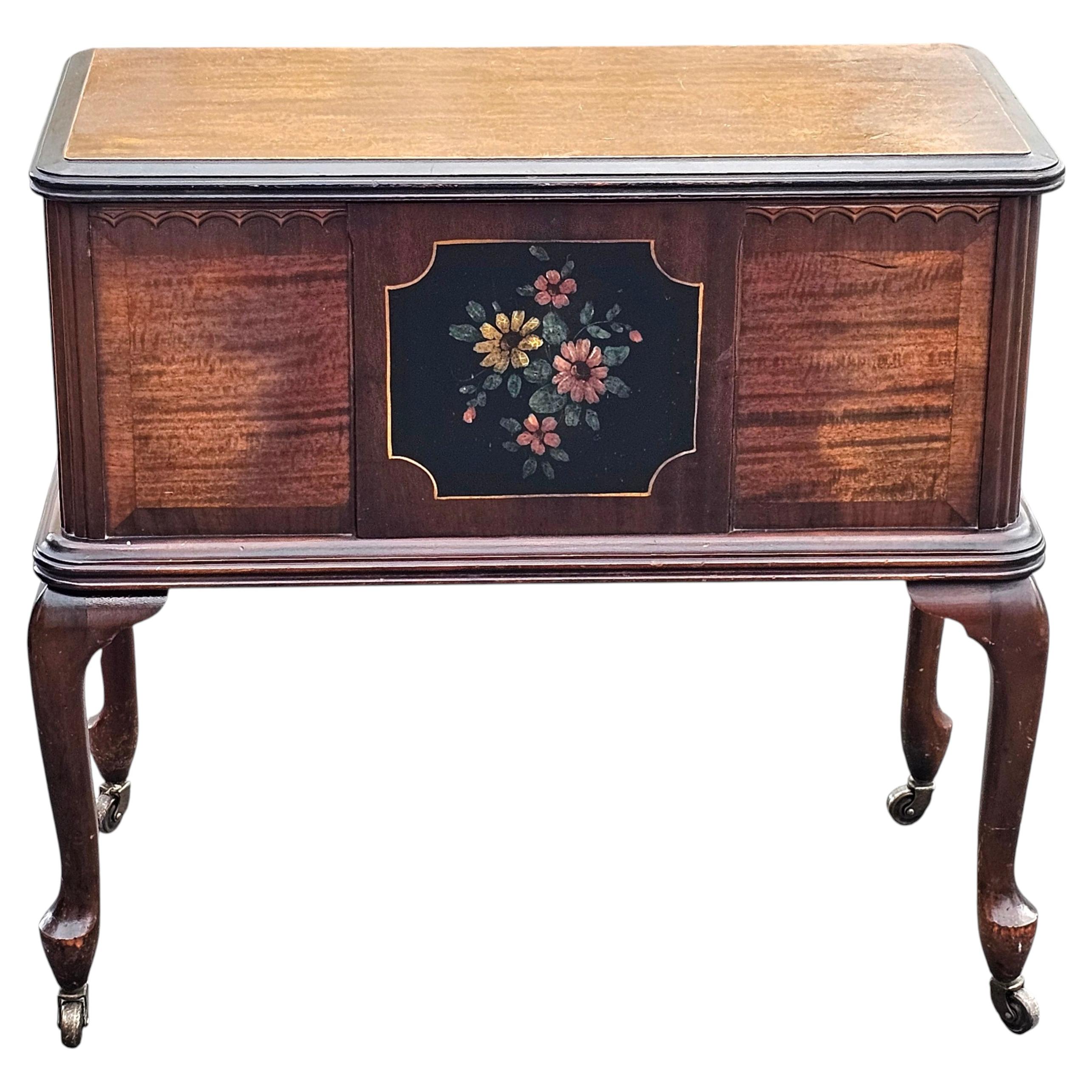 Early 20th Century Victorian Walnut and Mahogany Sewing Rolling Side Cabinet For Sale