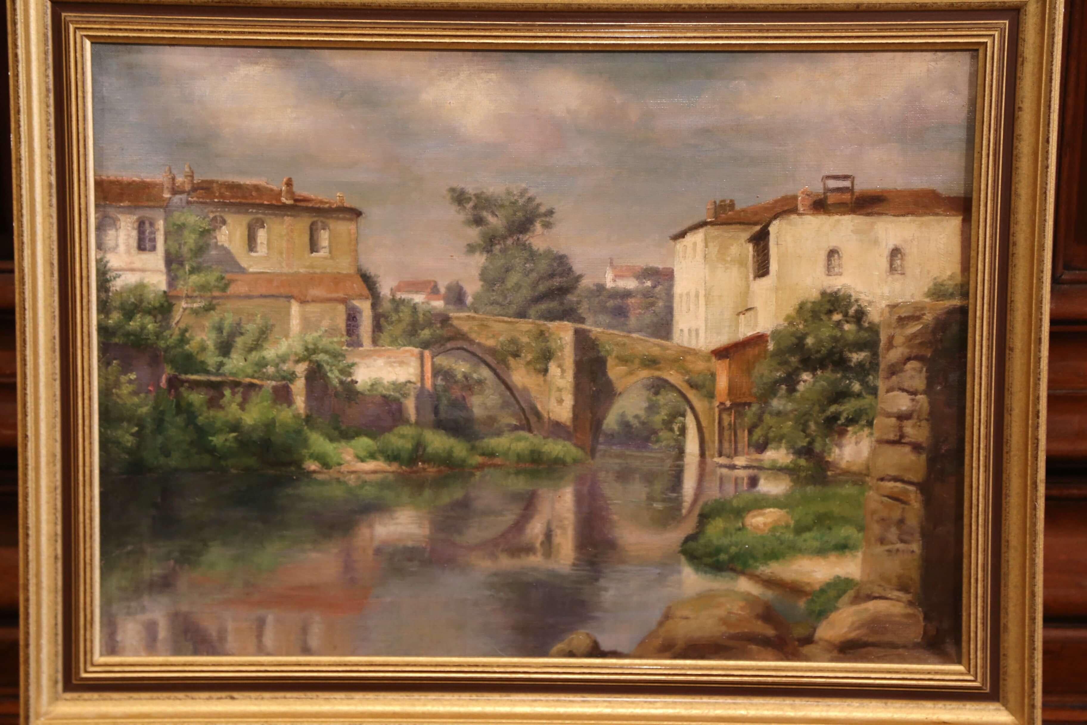French Early 20th Century Village in Provence Oil on Canvas Painting in Gilt Frame