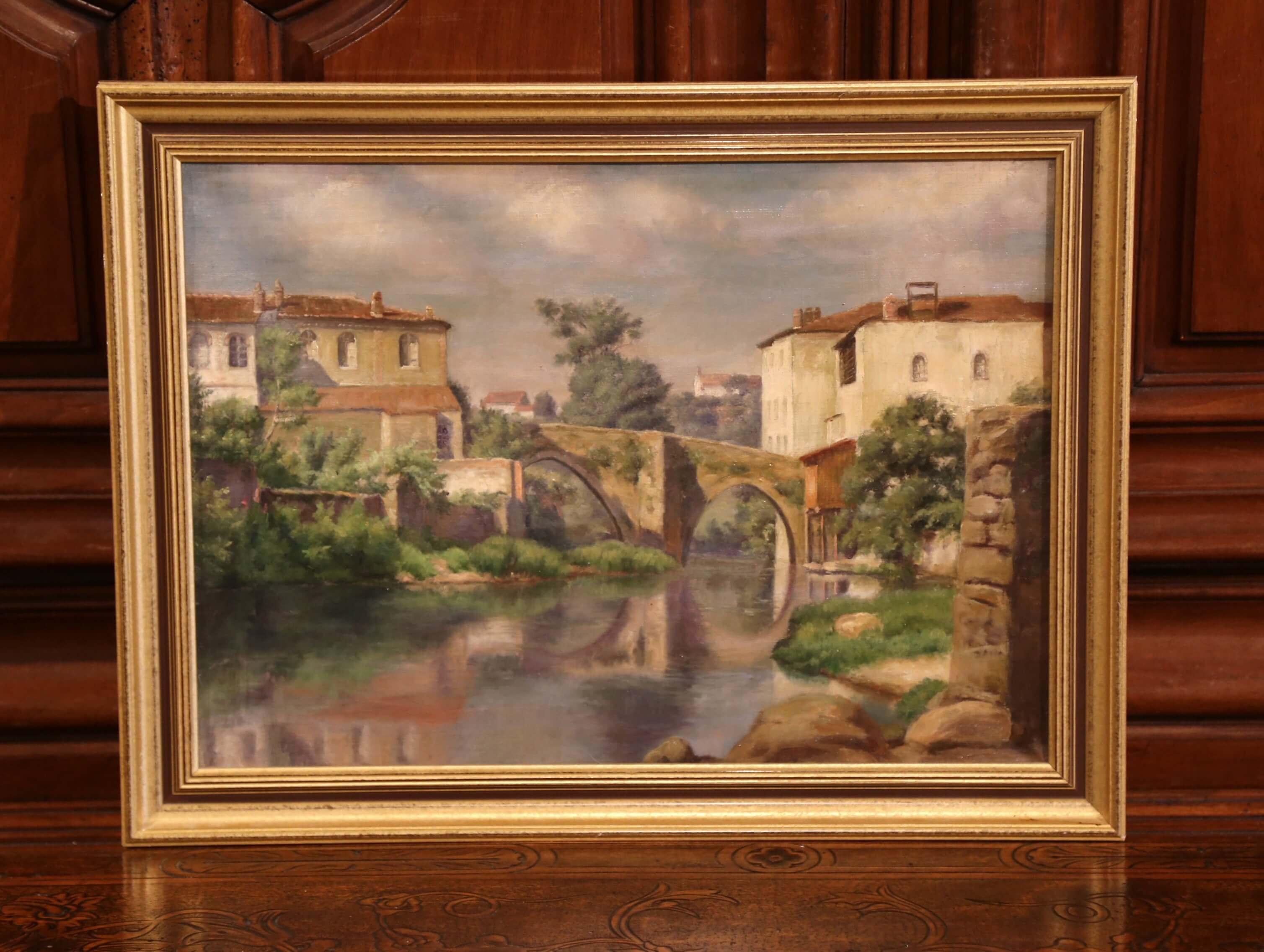 Hand-Painted Early 20th Century Village in Provence Oil on Canvas Painting in Gilt Frame