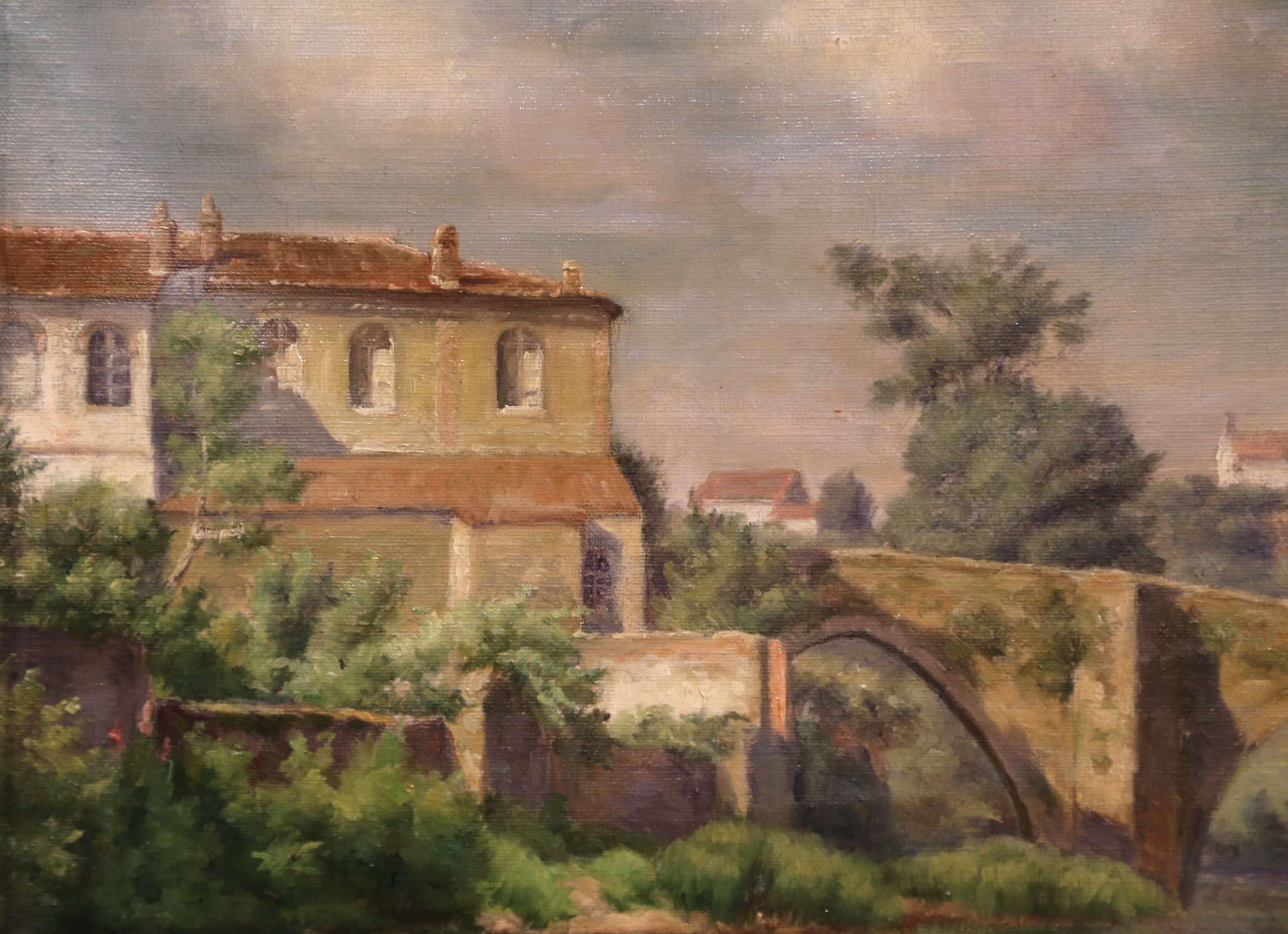 Early 20th Century Village in Provence Oil on Canvas Painting in Gilt Frame In Excellent Condition In Dallas, TX
