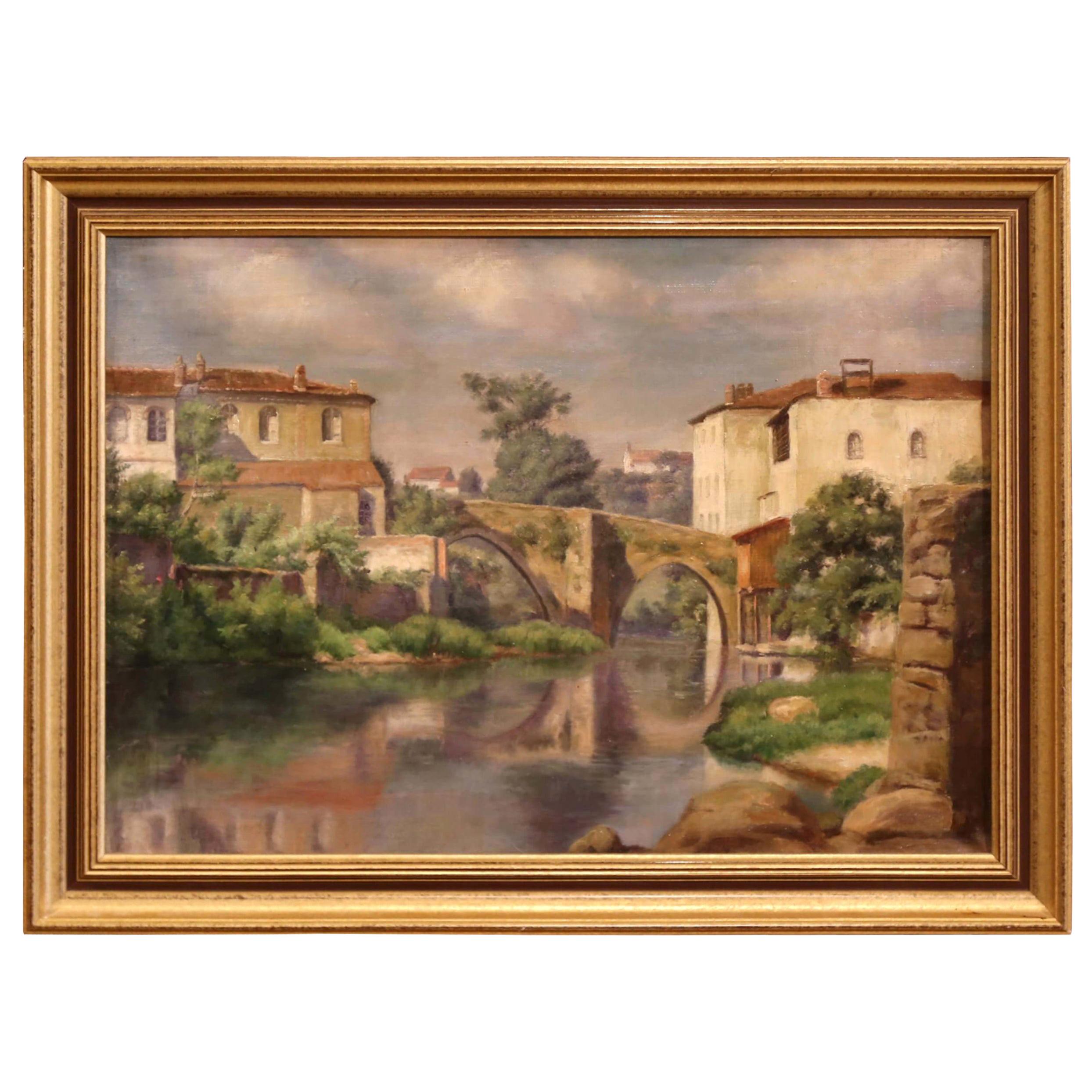 Early 20th Century Village in Provence Oil on Canvas Painting in Gilt Frame