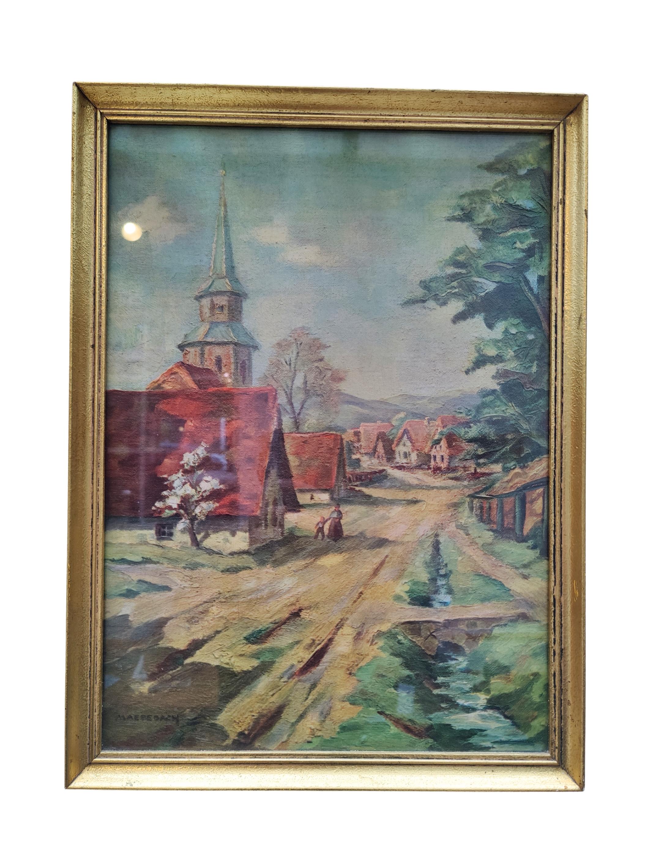 Charmantes Ölgemälde aus dem frühen 20. Jahrhundert, das eine ruhige Dorfstraße zeigt, die auf eine Kirche mit einem hohen Kirchturm zuläuft. Die Szene fängt die friedliche Atmosphäre des Landlebens ein, mit rotgedeckten Häusern, sanftem Licht und