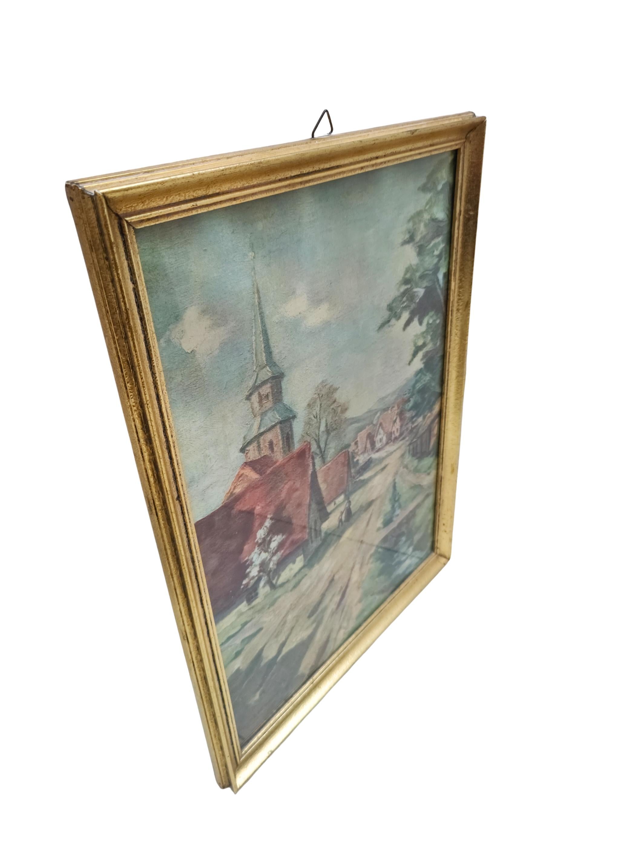 Dorflandschaft des frühen 20. Jahrhunderts mit Kirchturm, signiert Maedebach (Volkskunst) im Angebot