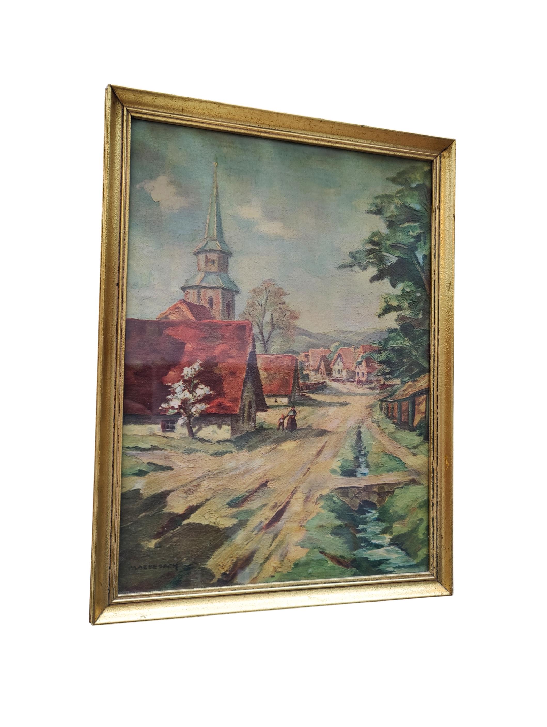 Dorflandschaft des frühen 20. Jahrhunderts mit Kirchturm, signiert Maedebach (Deutsch) im Angebot