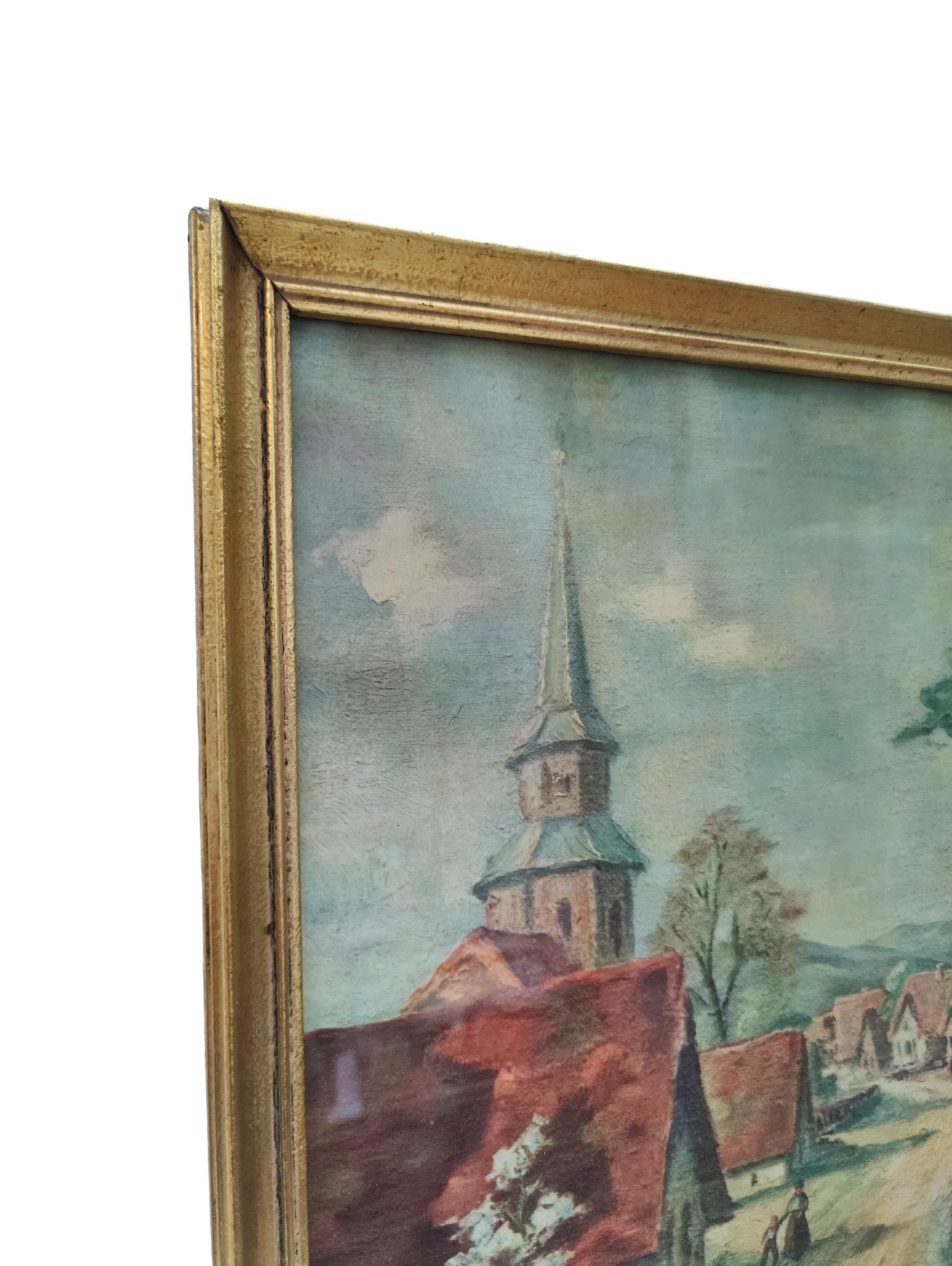Dorflandschaft des frühen 20. Jahrhunderts mit Kirchturm, signiert Maedebach im Zustand „Gut“ im Angebot in Darmstadt, DE