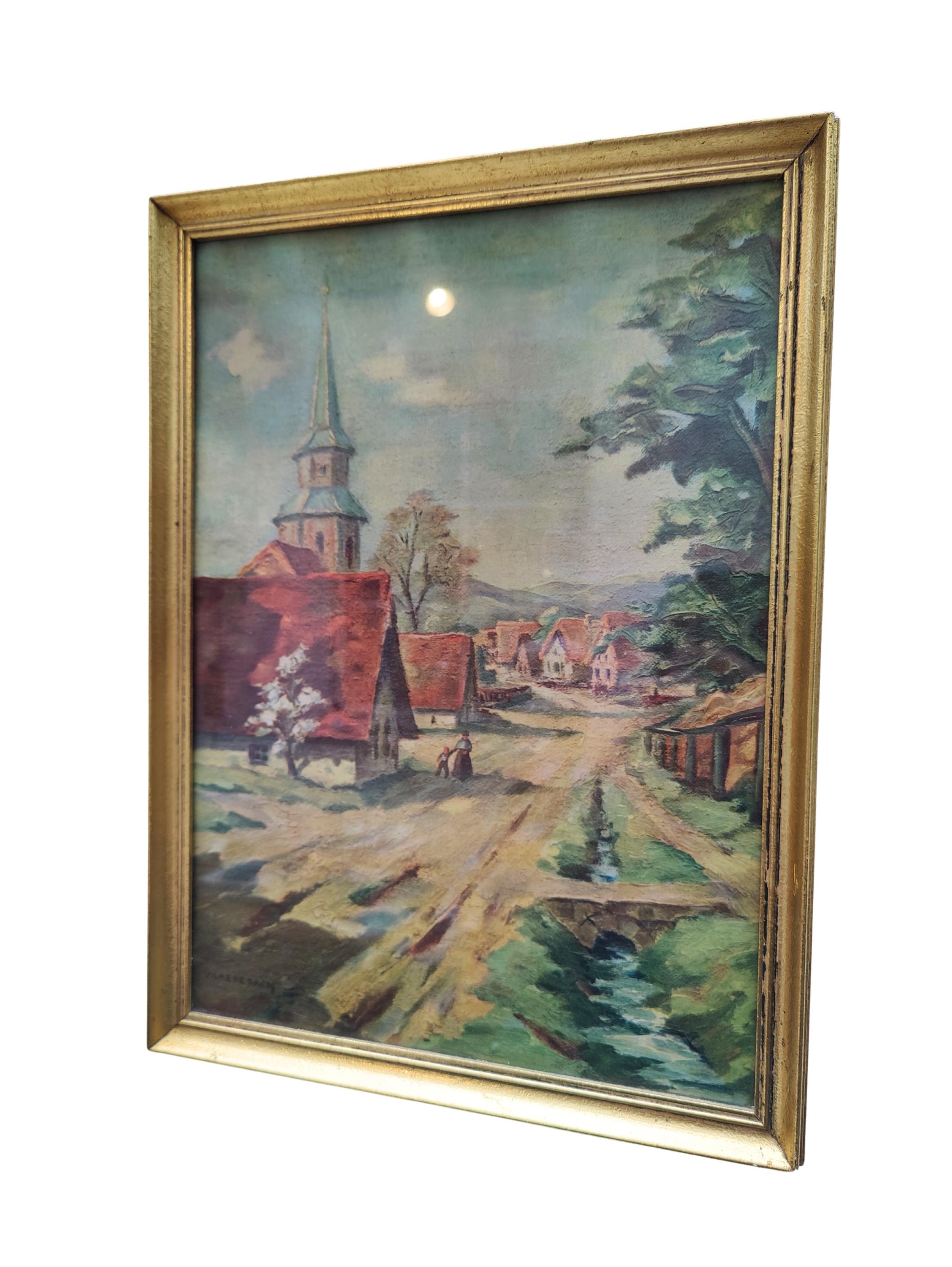 Dorflandschaft des frühen 20. Jahrhunderts mit Kirchturm, signiert Maedebach im Angebot 1