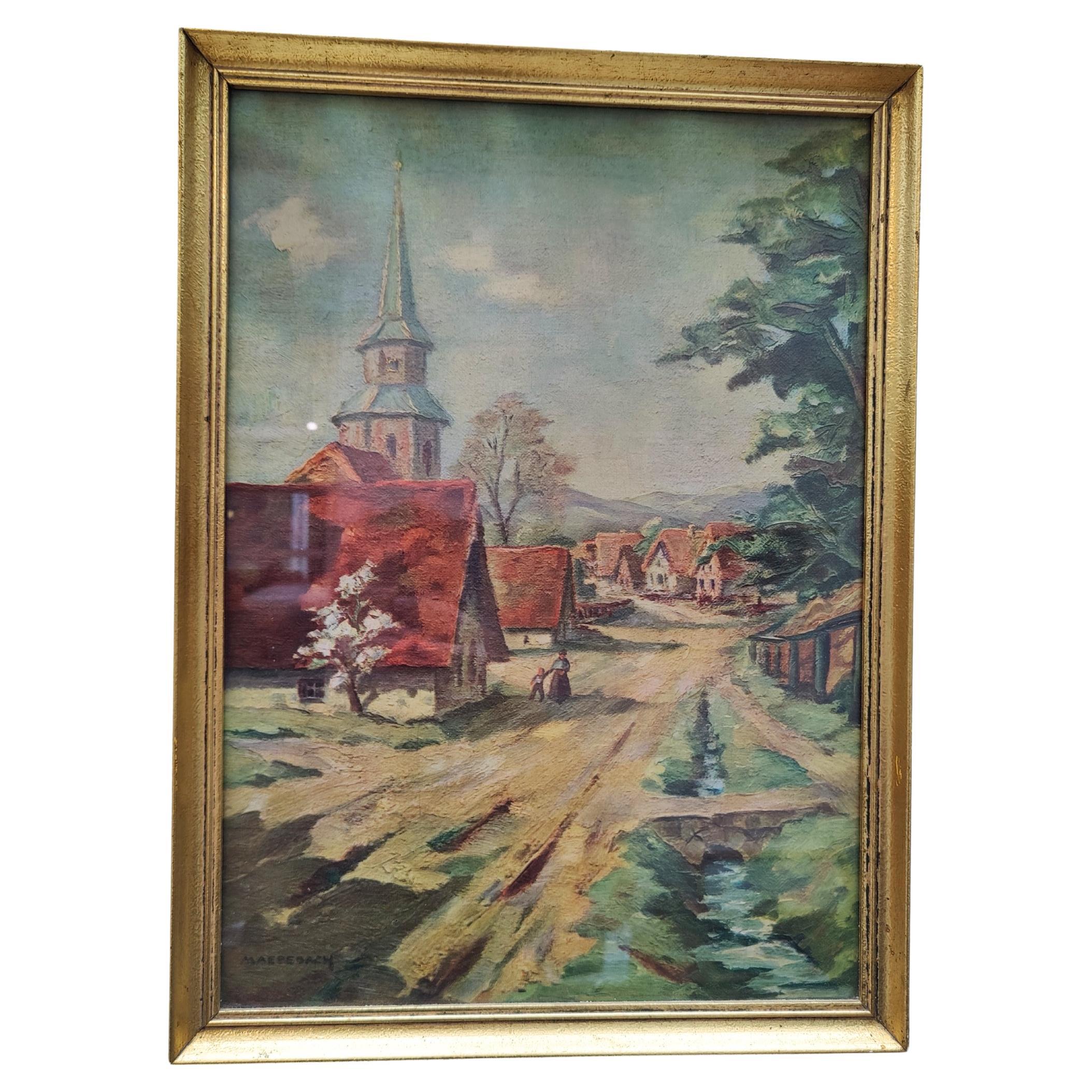 Paesaggio di villaggio dei primi del Novecento con campanile, firmato Maedebach