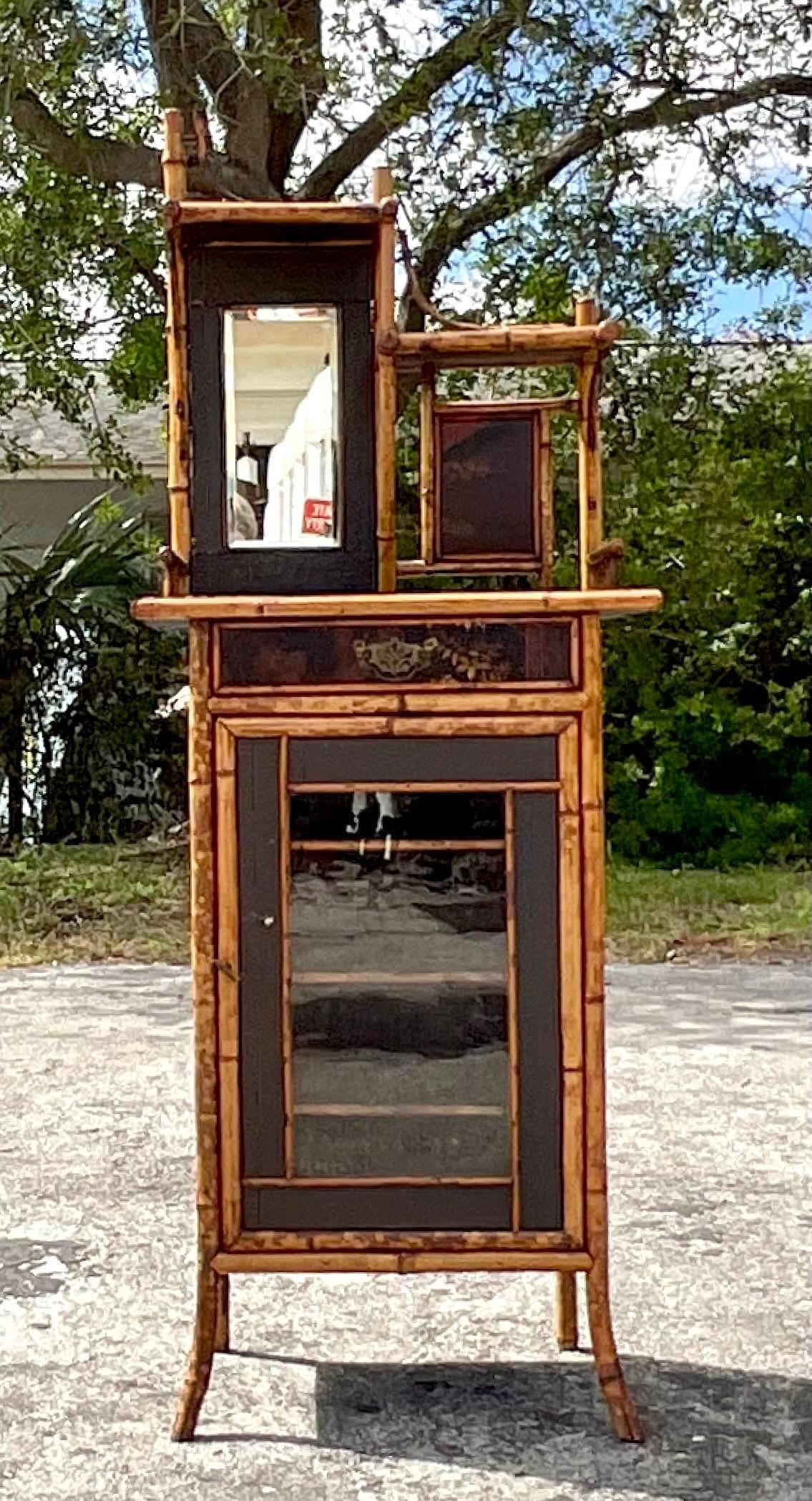 Philippine Early 20th Century Vintage Boho Burnt Bamboo Cabinet For Sale