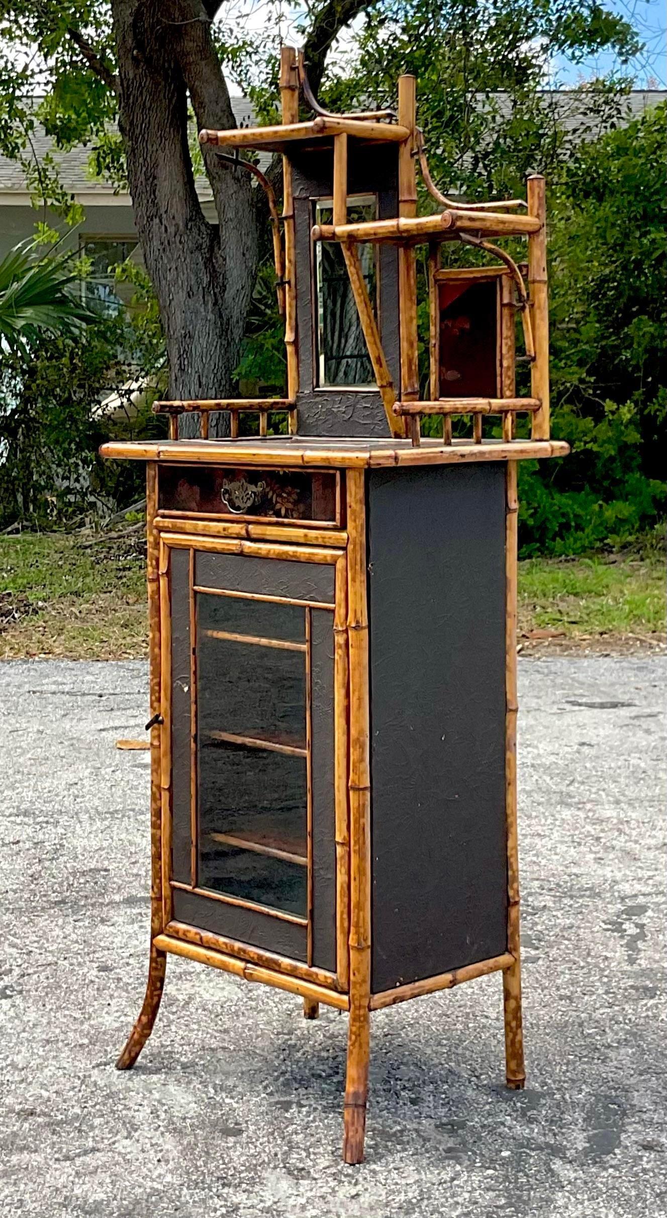 Early 20th Century Vintage Boho Burnt Bamboo Cabinet In Good Condition For Sale In west palm beach, FL