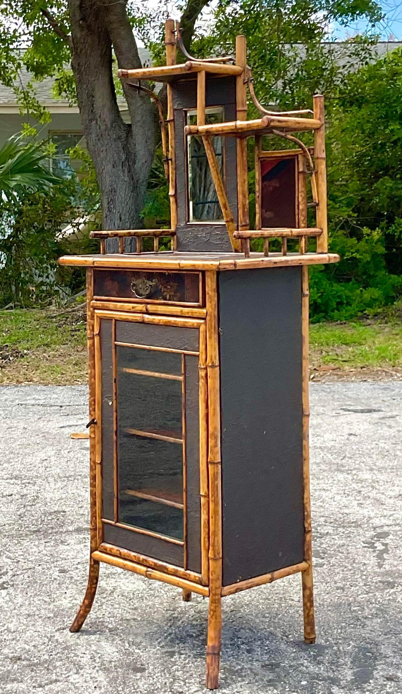 Faux Bamboo Early 20th Century Vintage Boho Burnt Bamboo Cabinet For Sale