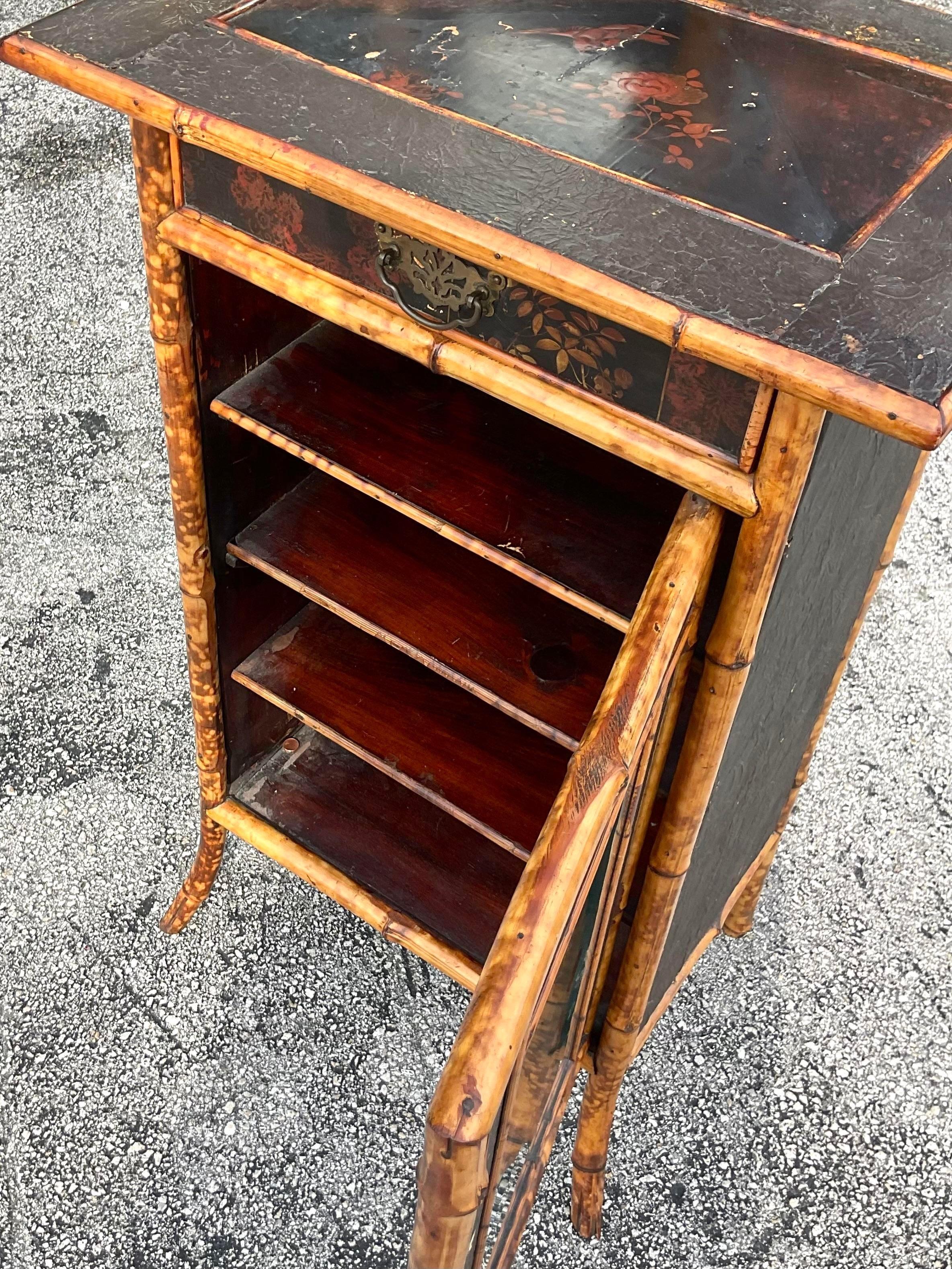Early 20th Century Vintage Boho Burnt Bamboo Cabinet For Sale 1