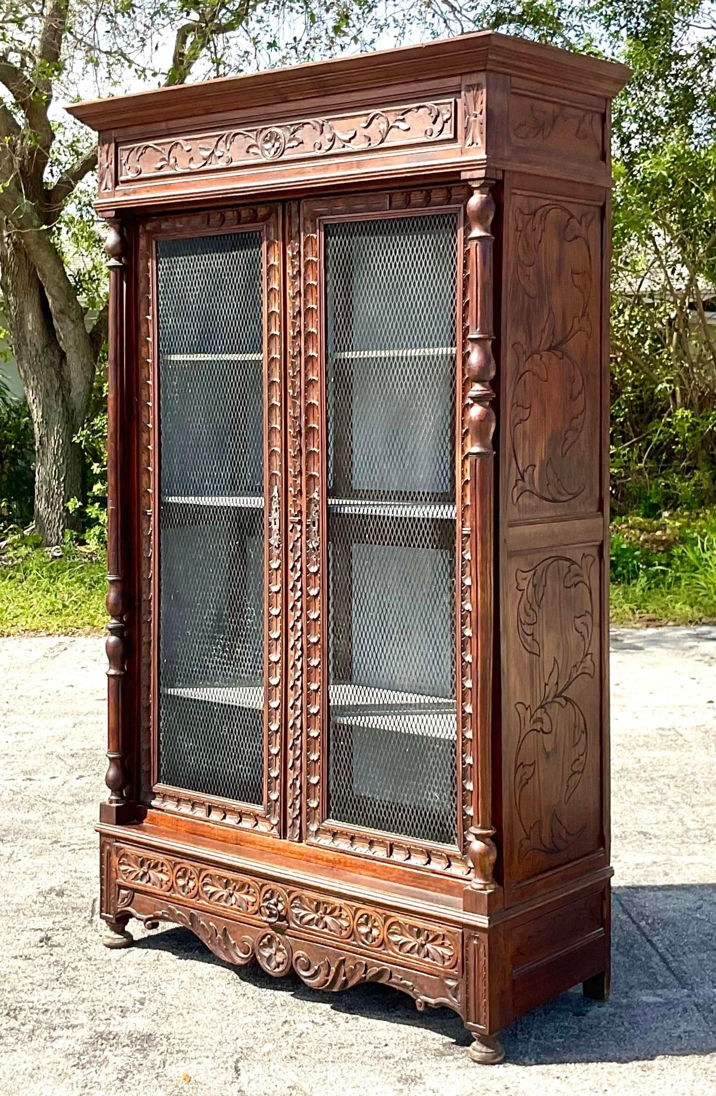 Early 20th Century Vintage Boho Carved Display Cabinet For Sale 5