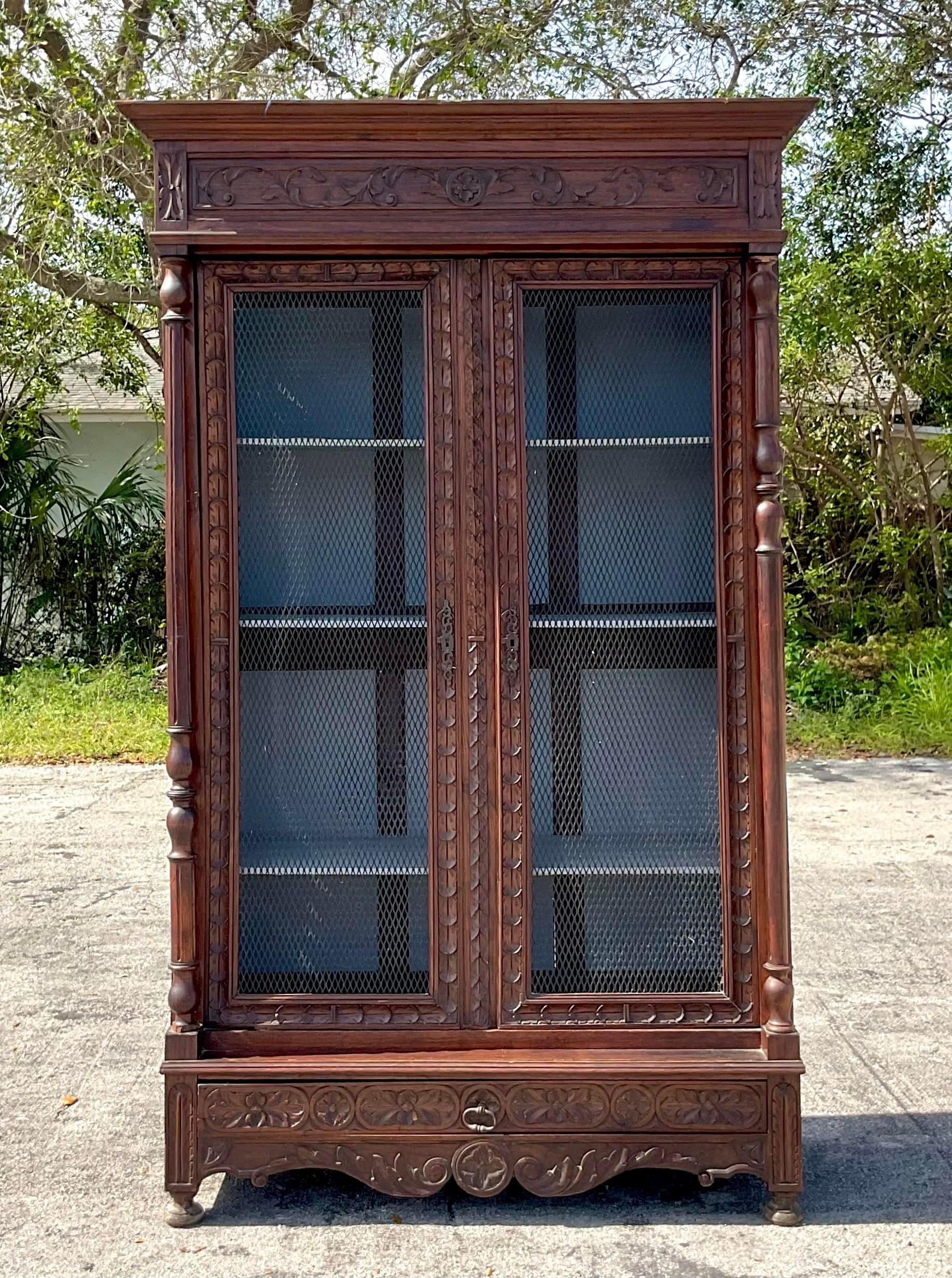American Early 20th Century Vintage Boho Carved Display Cabinet For Sale
