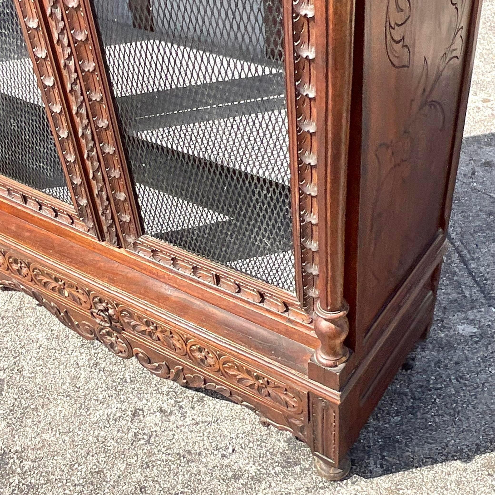 Wood Early 20th Century Vintage Boho Carved Display Cabinet For Sale