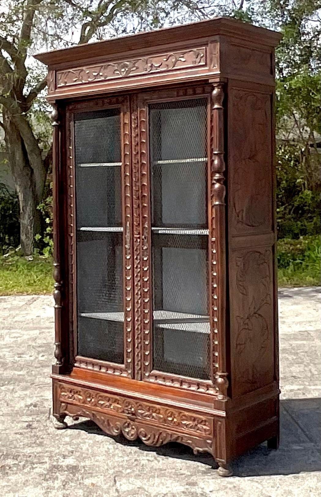 Early 20th Century Vintage Boho Carved Display Cabinet For Sale 3