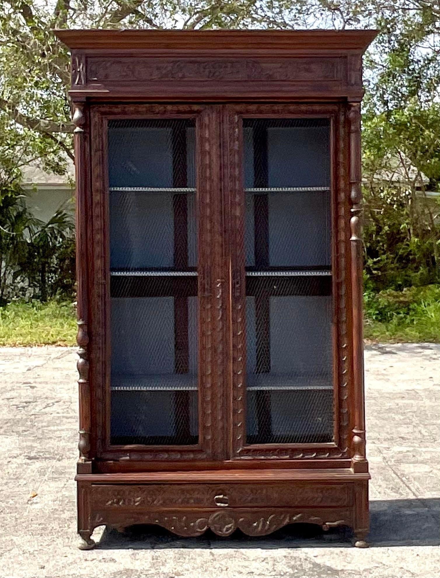 Early 20th Century Vintage Boho Carved Display Cabinet For Sale 4