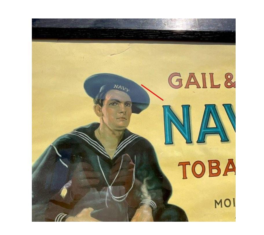 A fabulous vintage Boho Advertisement poster. A chic poster for Navy Tobacco with a handsome young sailor. Acquired from a Palm Beach estate. 