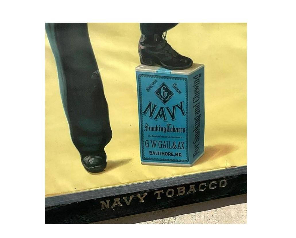 North American Early 20th Century Vintage Boho Navy Tobacco Advertisement Poster For Sale