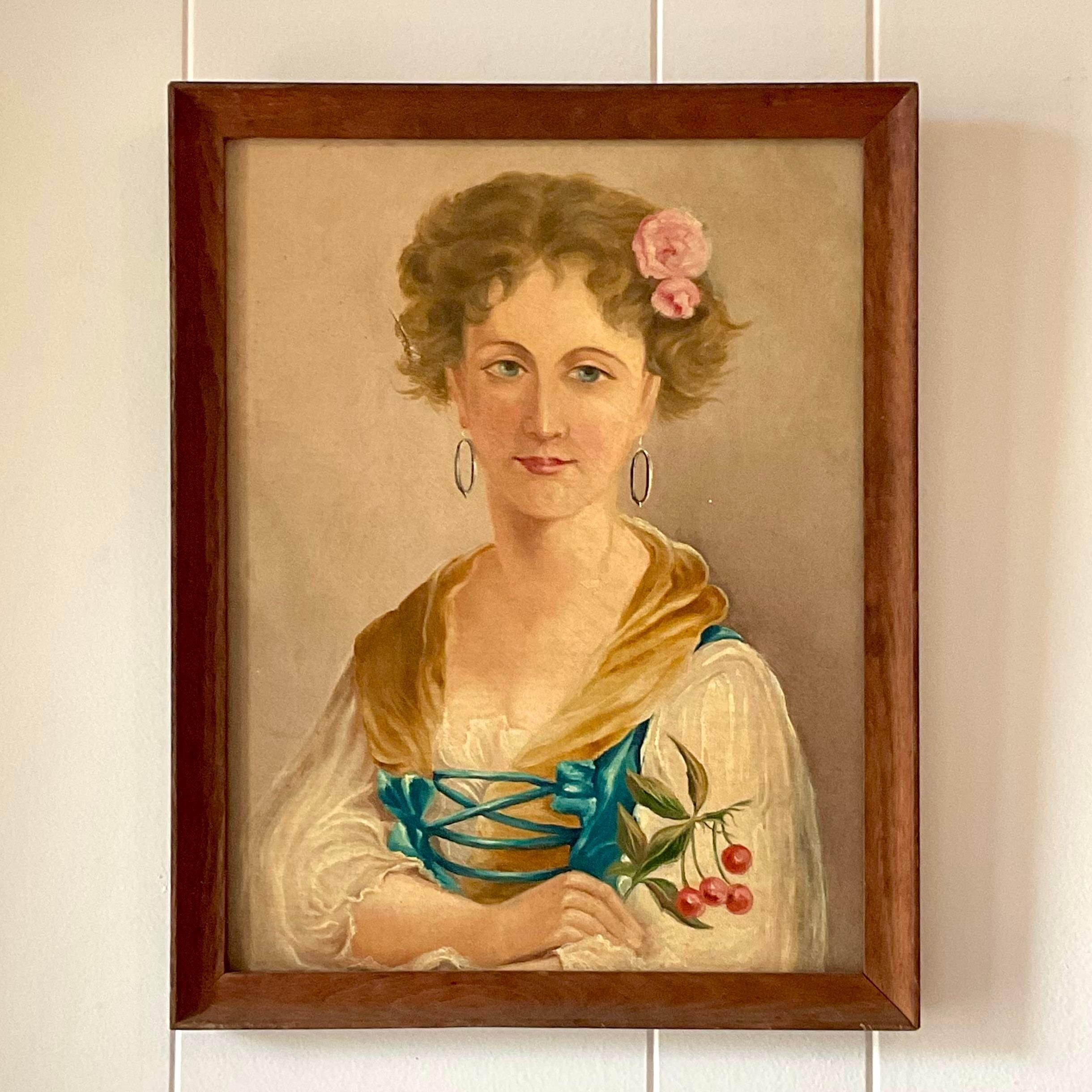 A fabulous vintage Boho oil portrait on canvas. A beautiful young woman in period dress. Acquired from a Palm Beach estate.