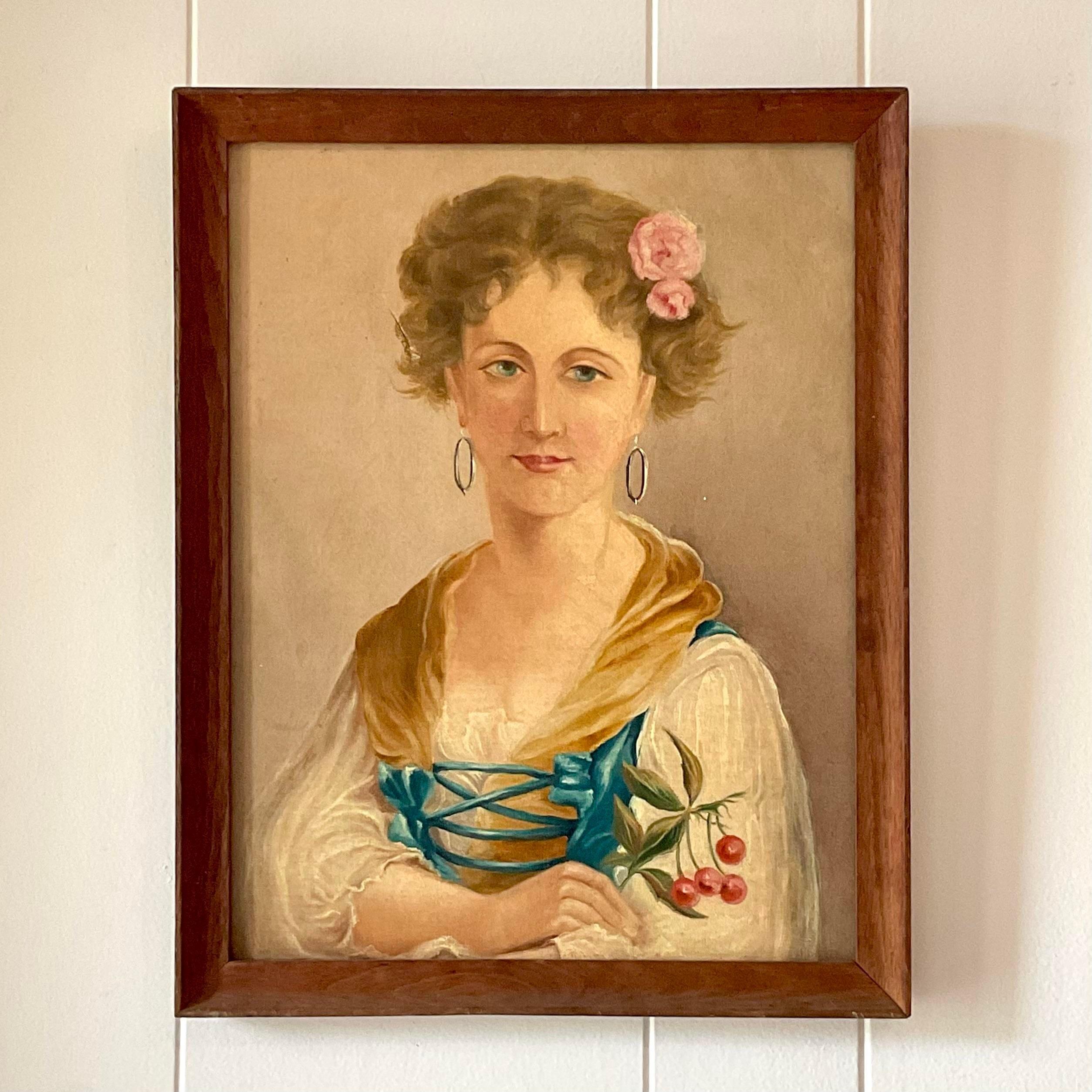 Early 20th Century Vintage Boho Original Oil Portrait of a Woman With Flowers In Good Condition For Sale In west palm beach, FL