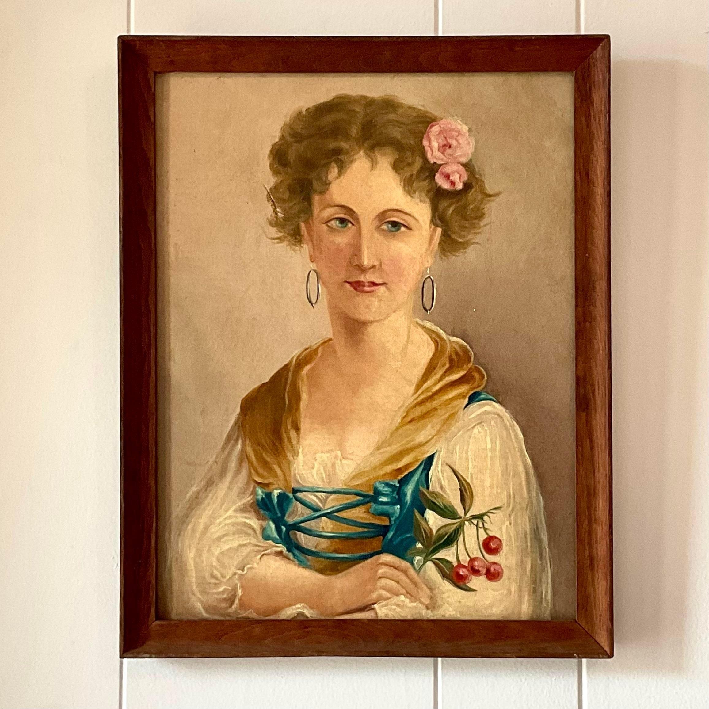 Early 20th Century Vintage Boho Original Oil Portrait of a Woman With Flowers For Sale 1