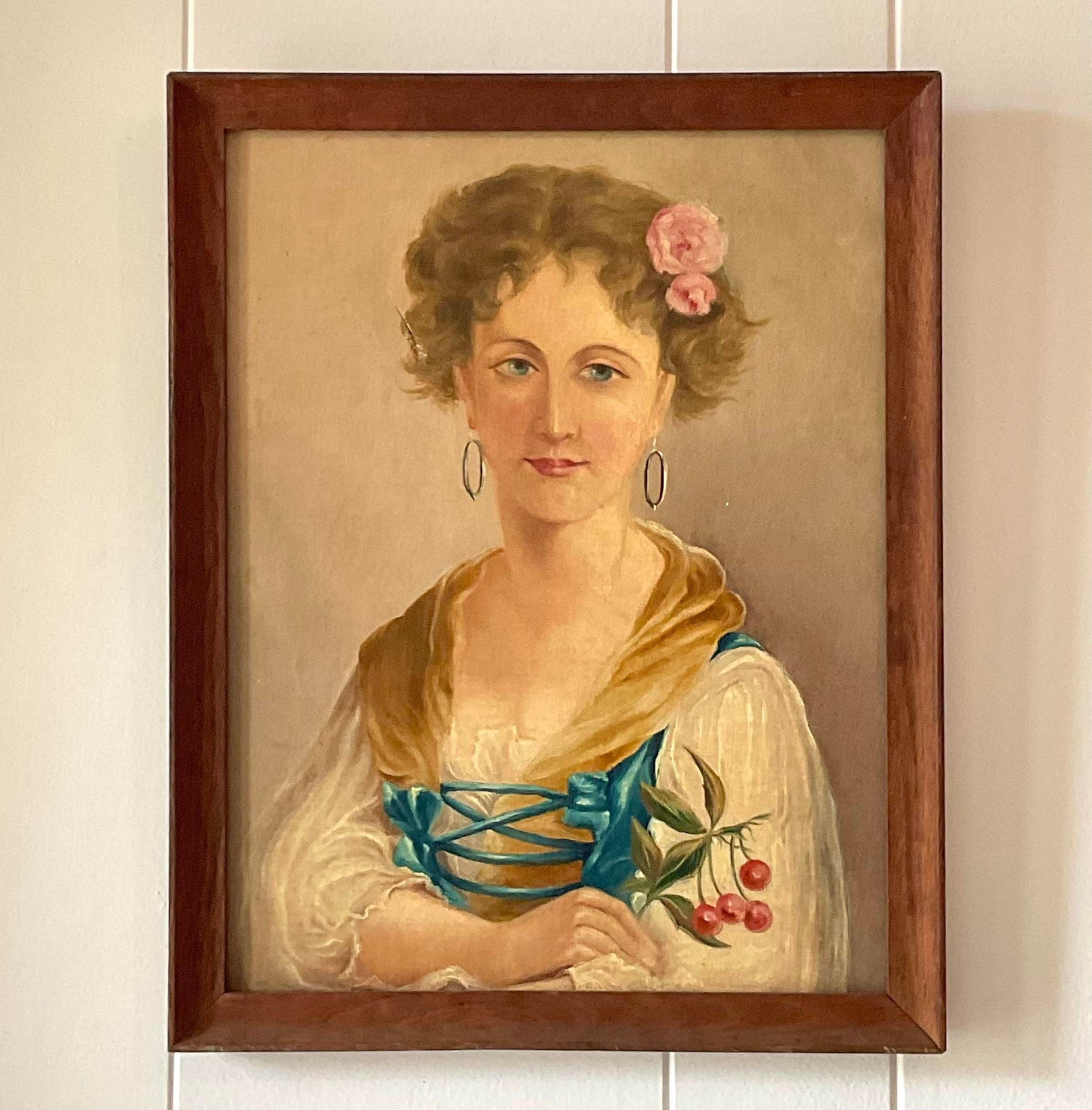 Early 20th Century Vintage Boho Original Oil Portrait of a Woman With Flowers For Sale 2