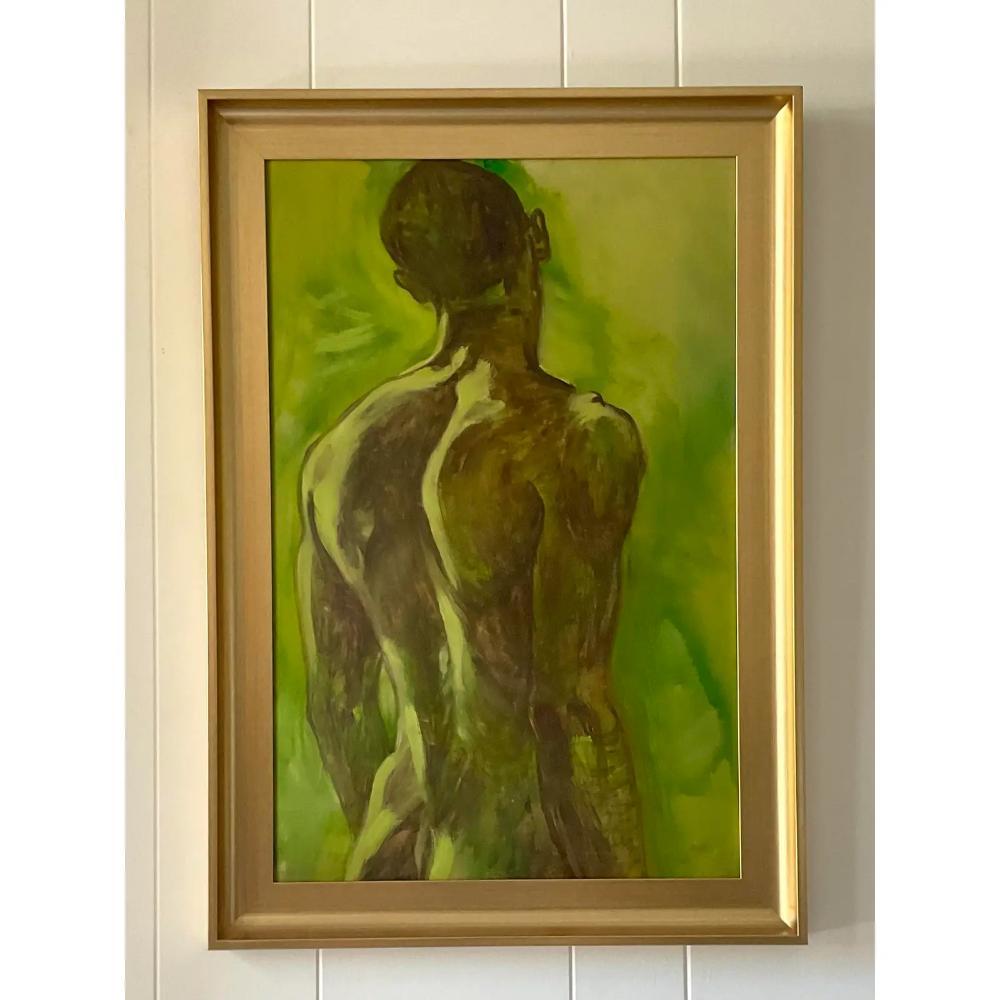 A vintage Boho original oil painting on board. A chic composition of a male nude in beautiful shades of green. Framed in a brilliant gilt wood frame. Acquired from a Palm Beach estate.