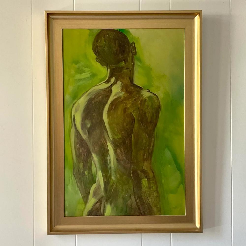 Bohemian Early 20th Century Vintage Boho Original Painting on Board of Male Nude For Sale
