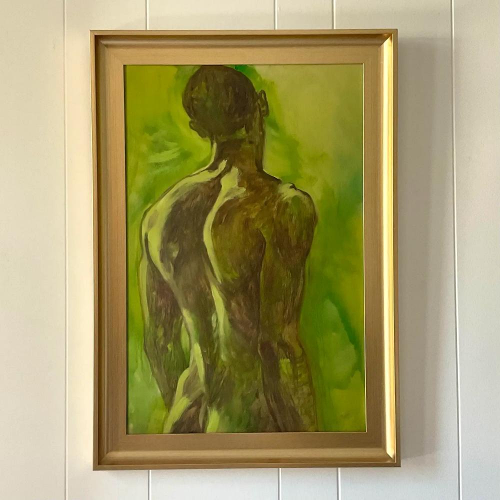 American Early 20th Century Vintage Boho Original Painting on Board of Male Nude For Sale