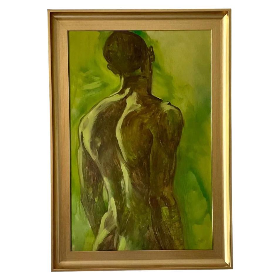 Early 20th Century Vintage Boho Original Painting on Board of Male Nude