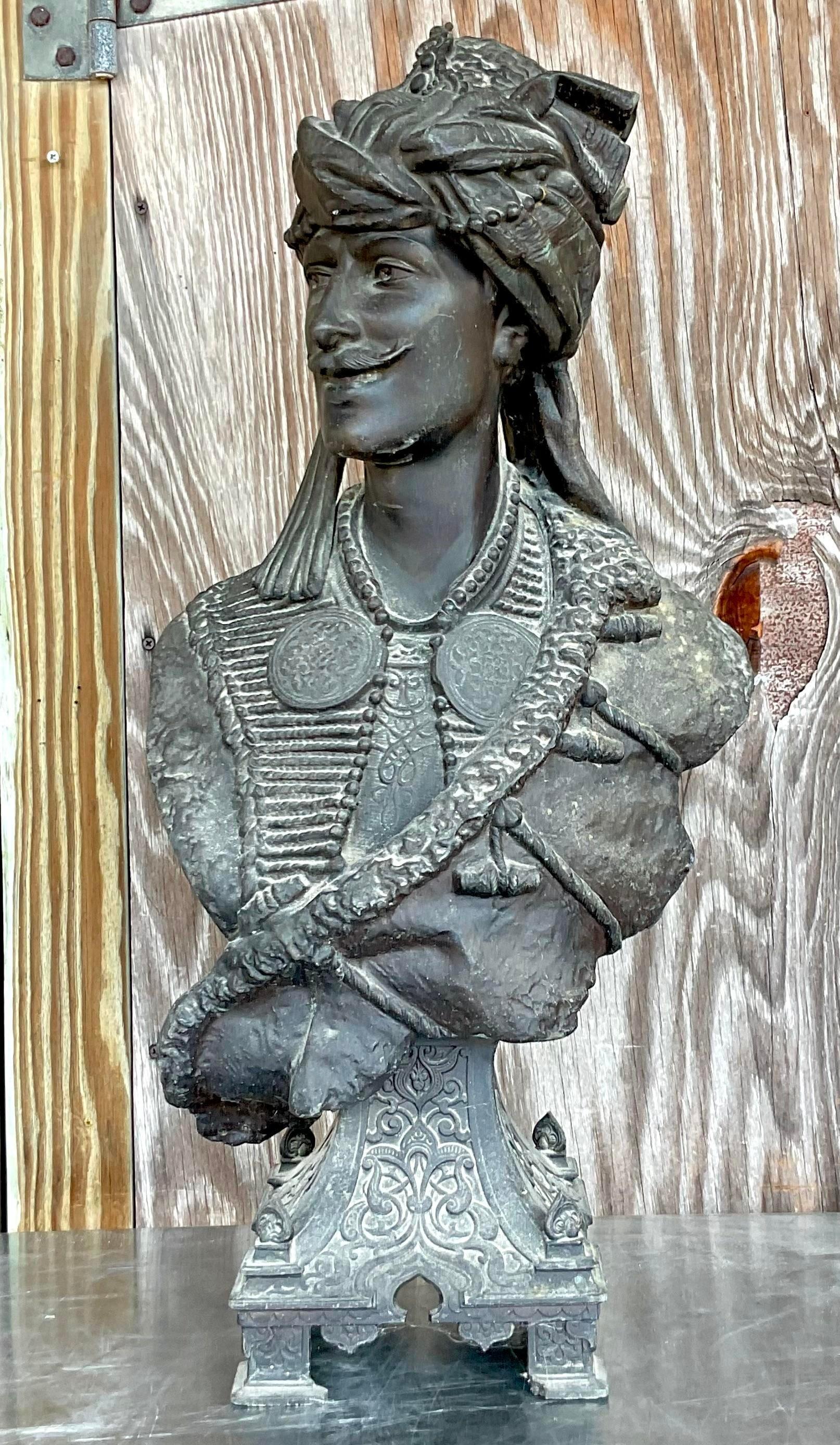 Early 20th Century Vintage Boho Patinated Metal Bust of a Moorish Man In Good Condition For Sale In west palm beach, FL