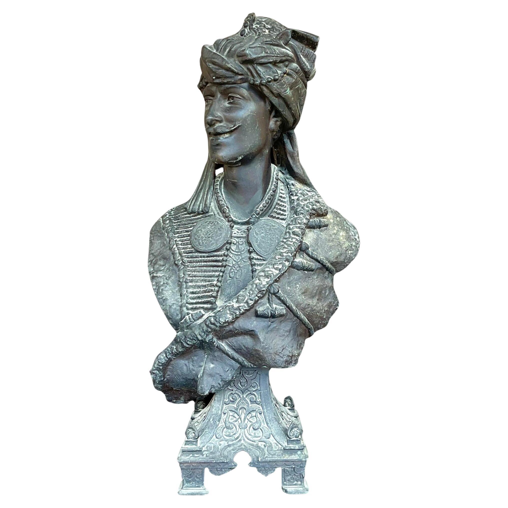 Early 20th Century Vintage Boho Patinated Metal Bust of a Moorish Man For Sale