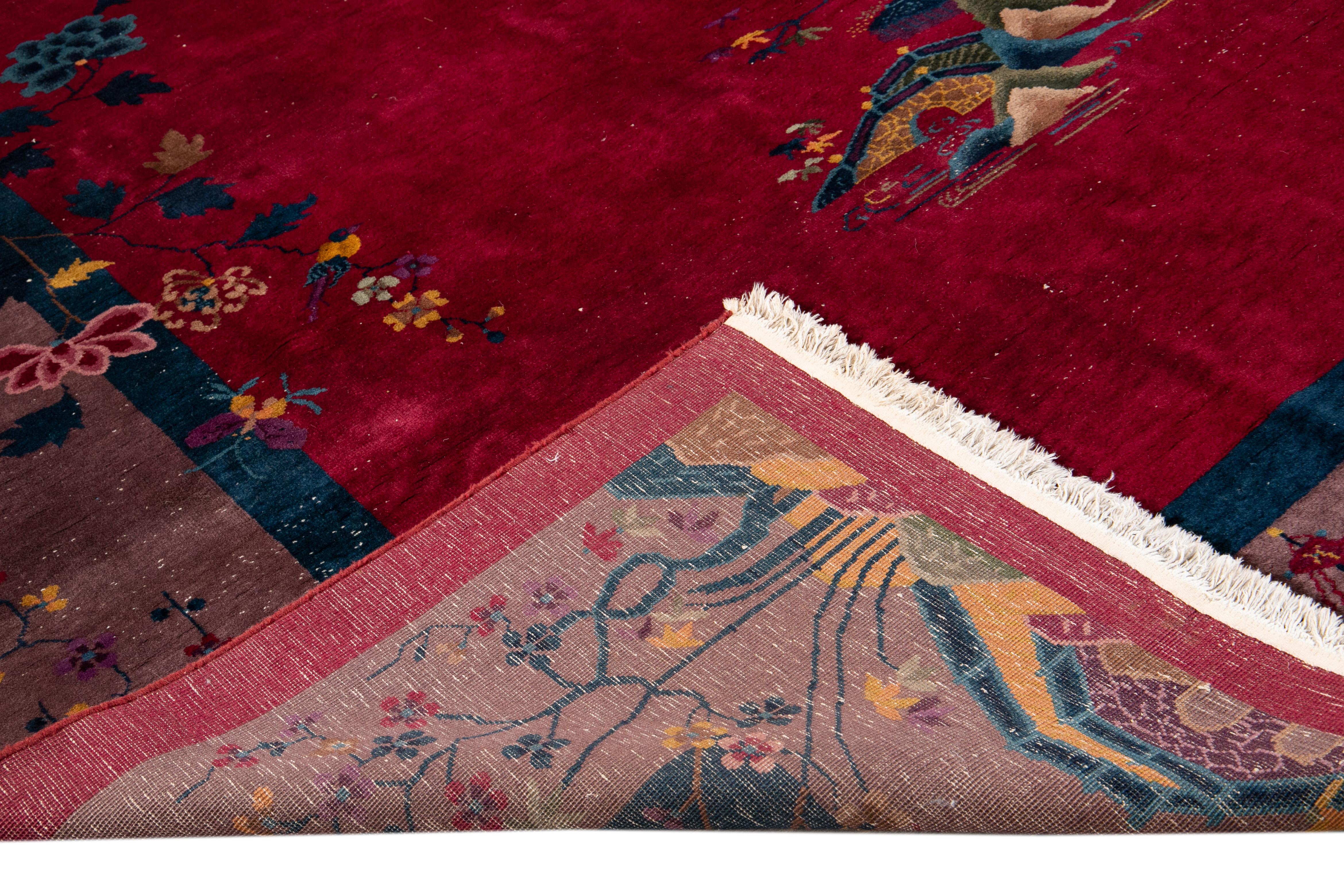 Noué à la main Tapis chinois Art Déco vintage en laine 9 pieds 11 pouces X 13 pieds 6 pouces. en vente