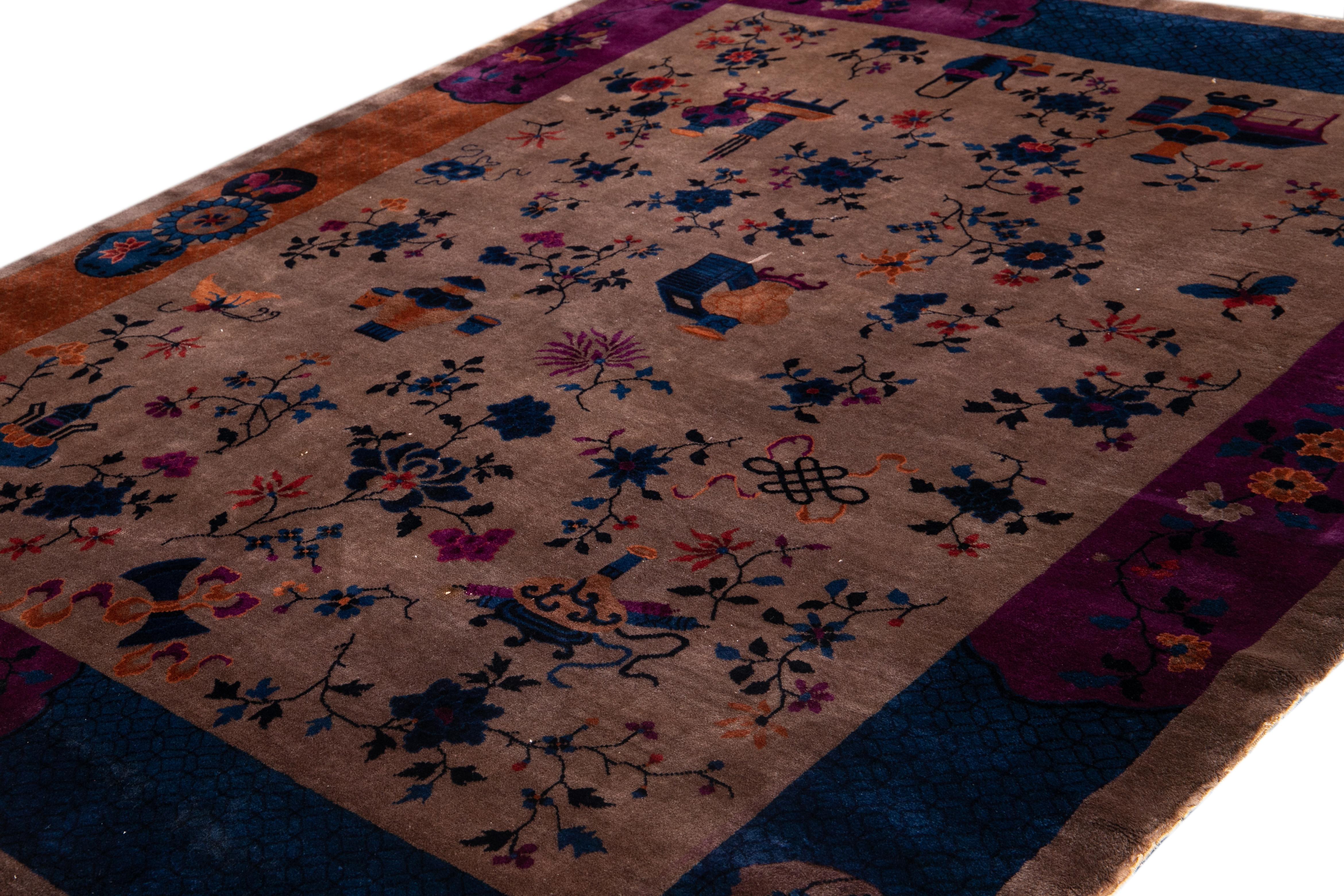 Hand-Knotted Vintage Chinese Art Deco Wool Rug 8 Ft X 9 Ft 7 In. For Sale