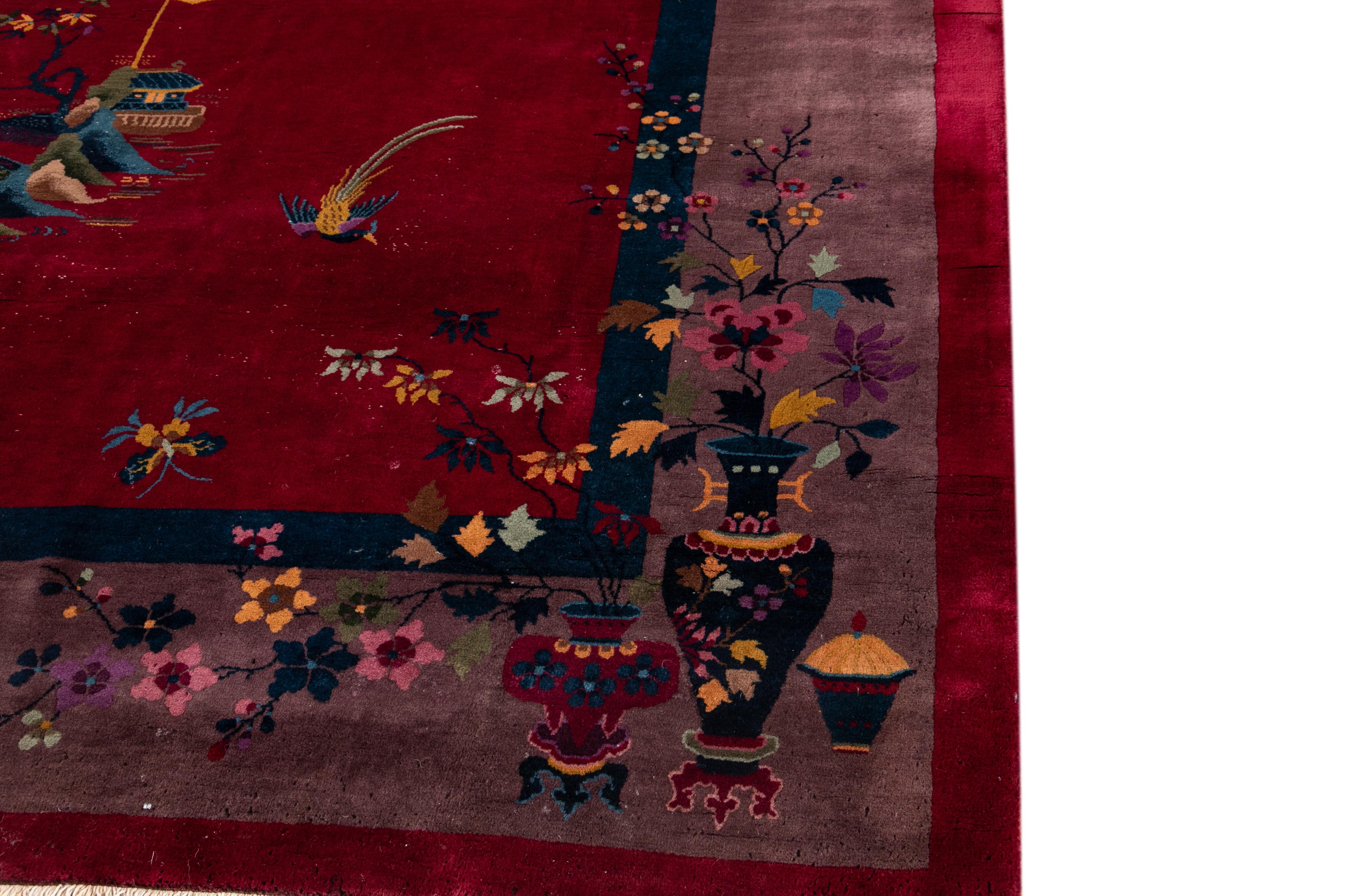 Vintage Chinese Art Deco Wool Rug 9 Ft 11 In X 13 Ft 6 In. For Sale 6