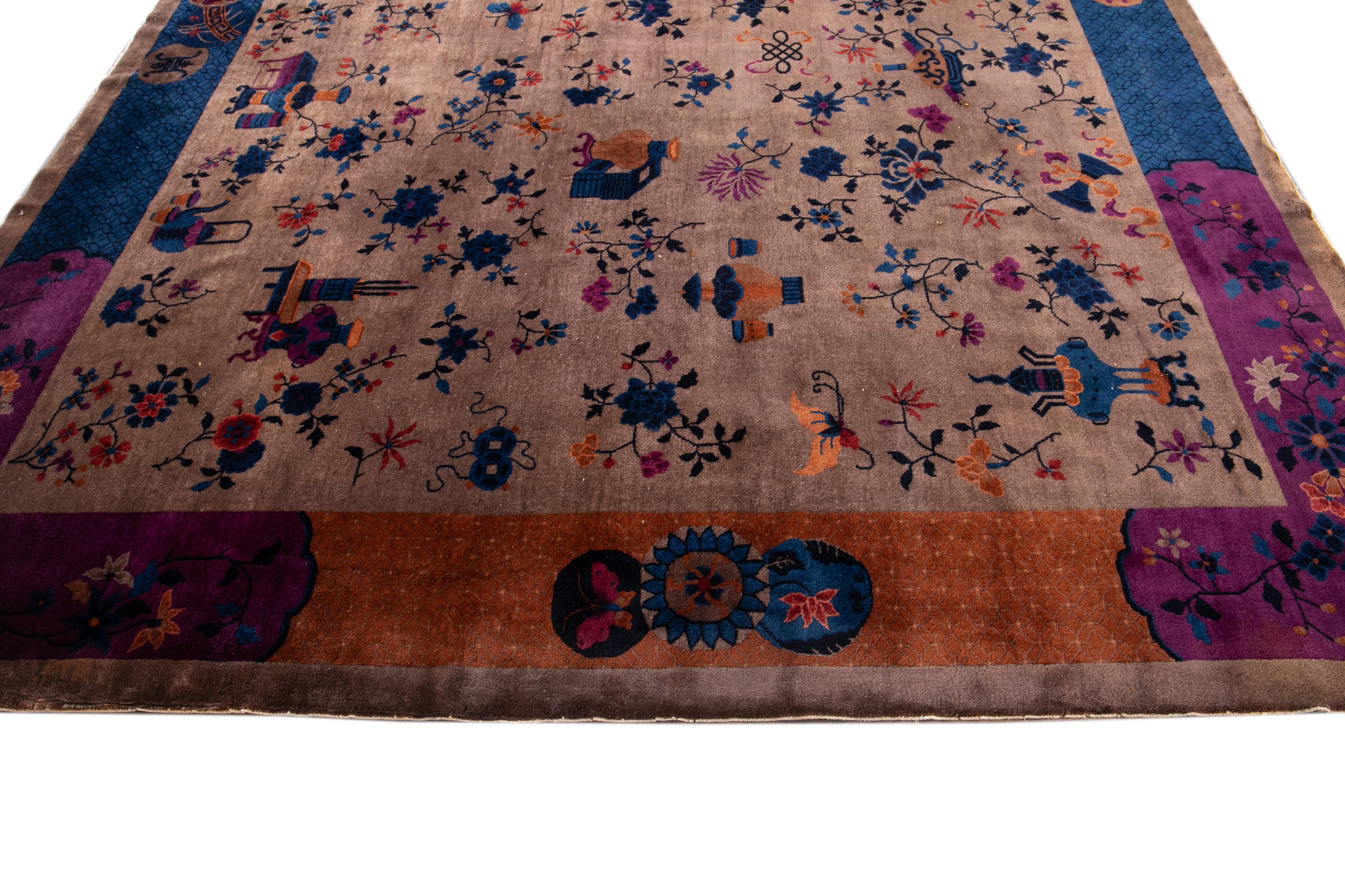 Vintage Chinese Art Deco Wool Rug 8 Ft X 9 Ft 7 In. For Sale 6