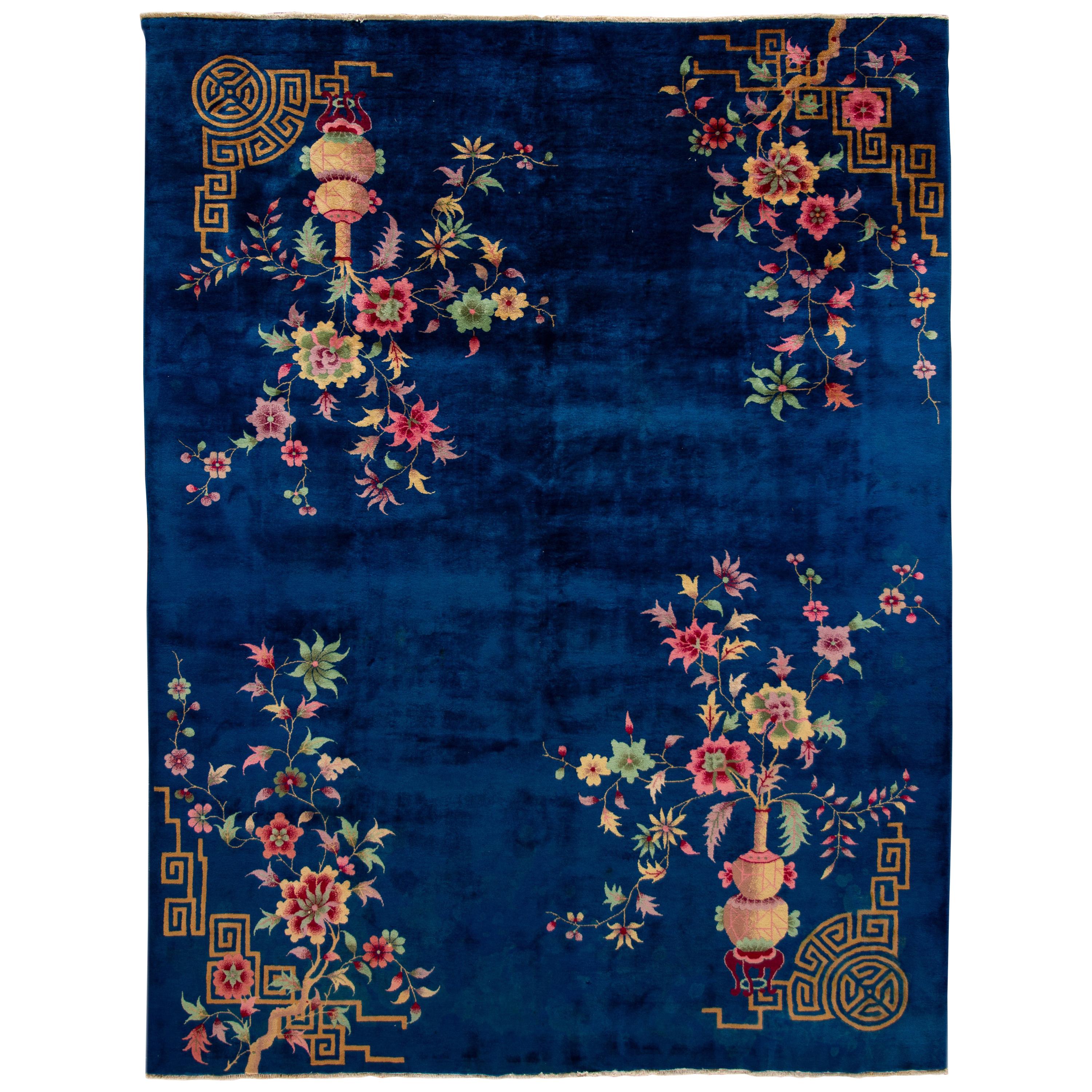 Antique Blue Chinese Art Deco Wool Rug 9 Ft X 11 Ft 3 In For Sale at