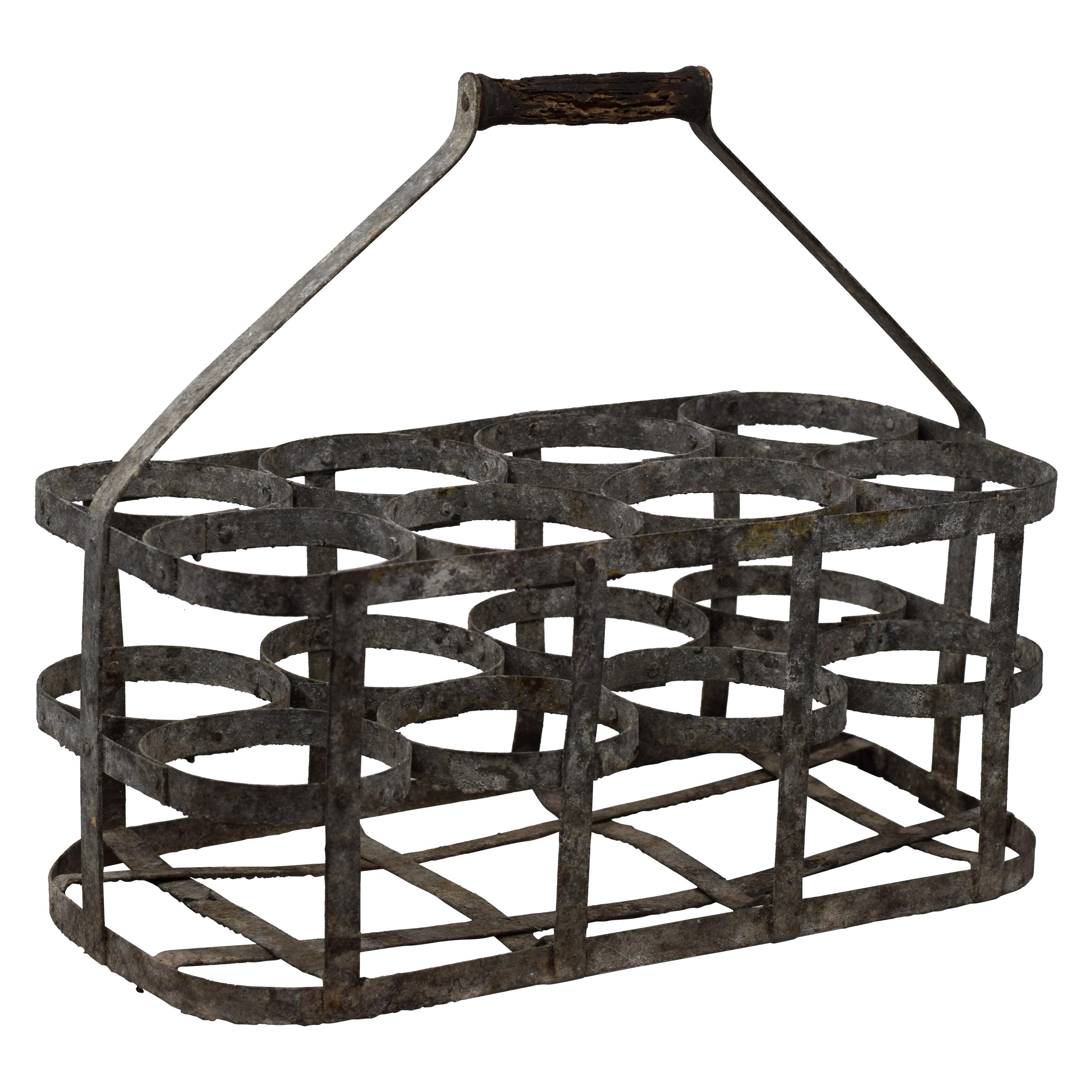 Early 20th Century Vintage French Eight Bottle Wine Carrier Basket