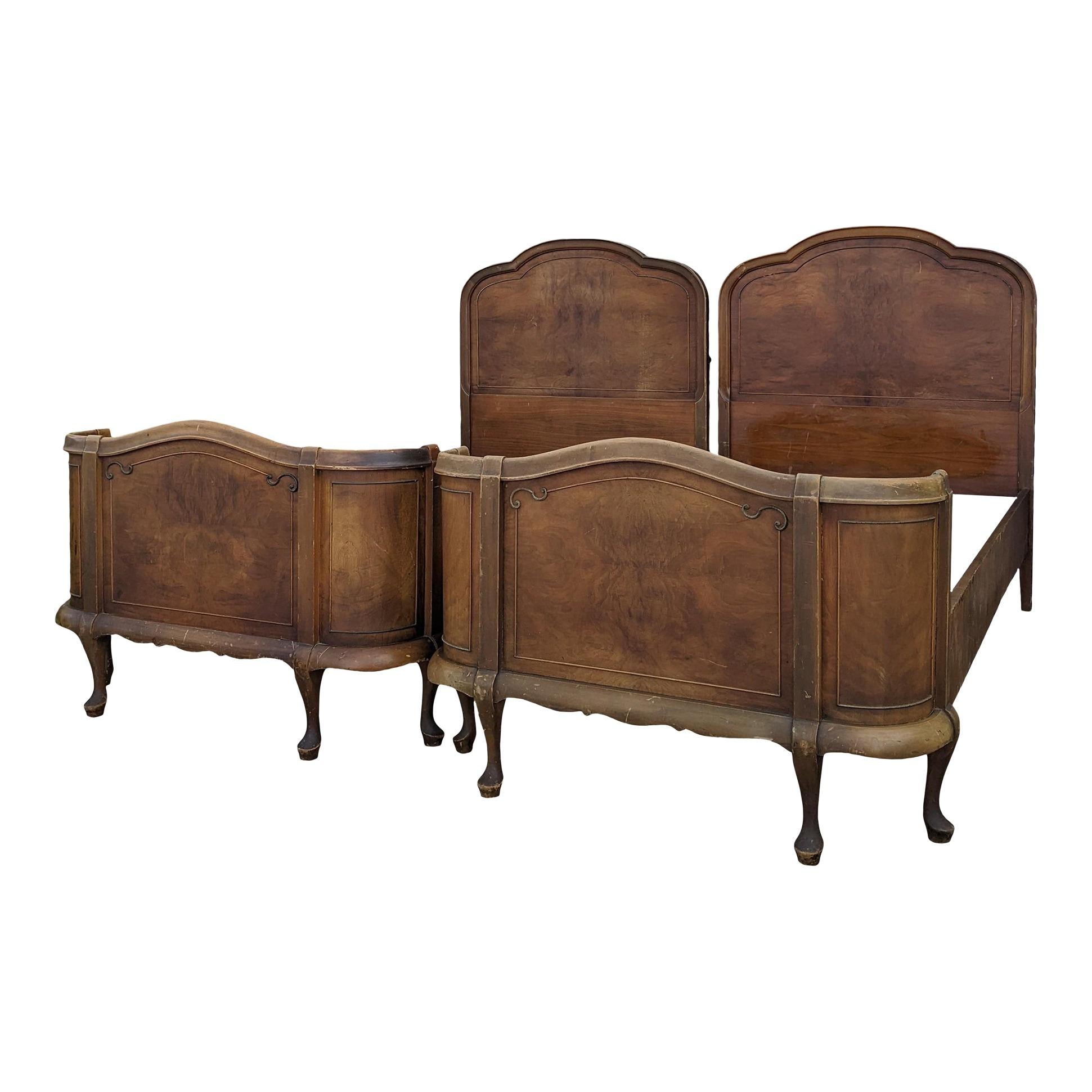 Early 20th Century Vintage French Provincial Twin Beds with Book Matched Burled at 1stDibs