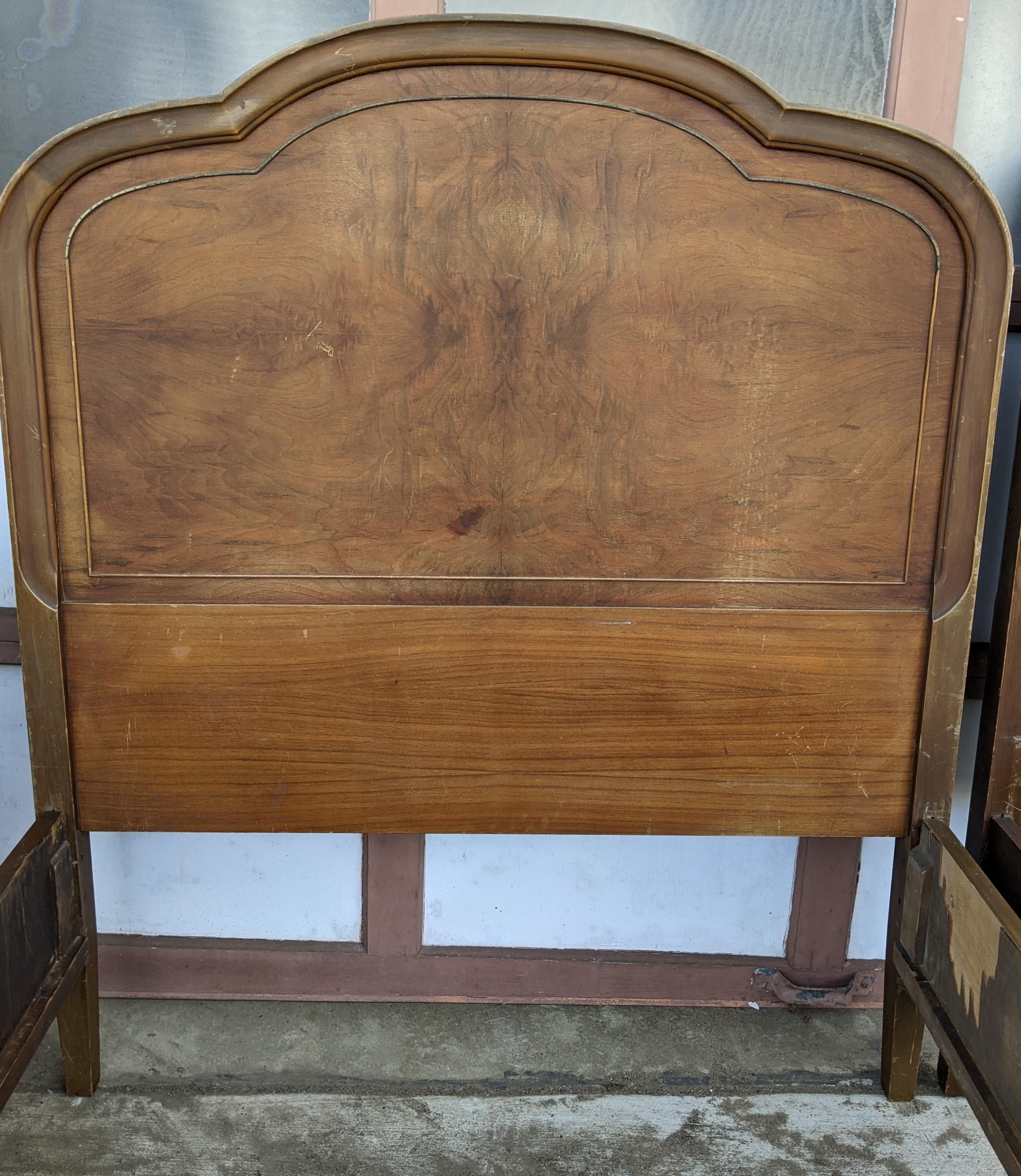 Early 20th Century Vintage French Provincial Twin Beds with Book Matched Burled at 1stDibs